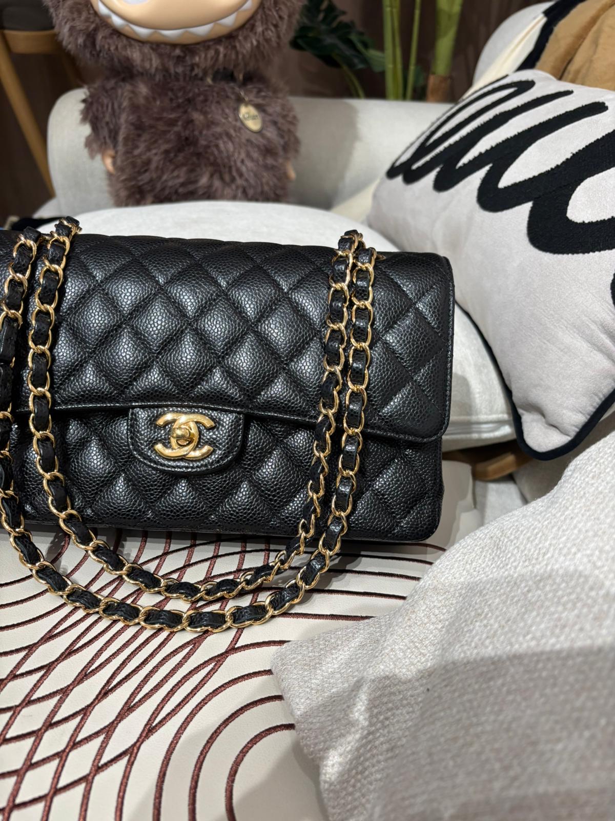 Chanel Classic Flap Medium 25cm A01112 CF25 黑色荔枝牛枝金扣 100%Authentic, 99%New ✅25Card✅Dust bag✅Box
