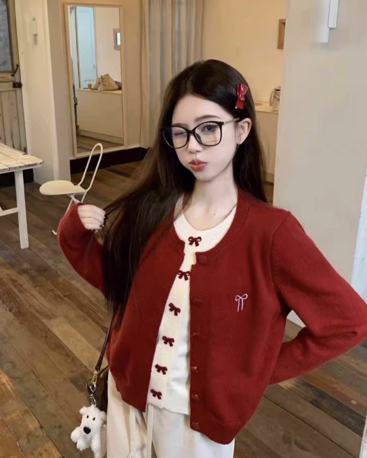 TP452高领红色毛衣假两件