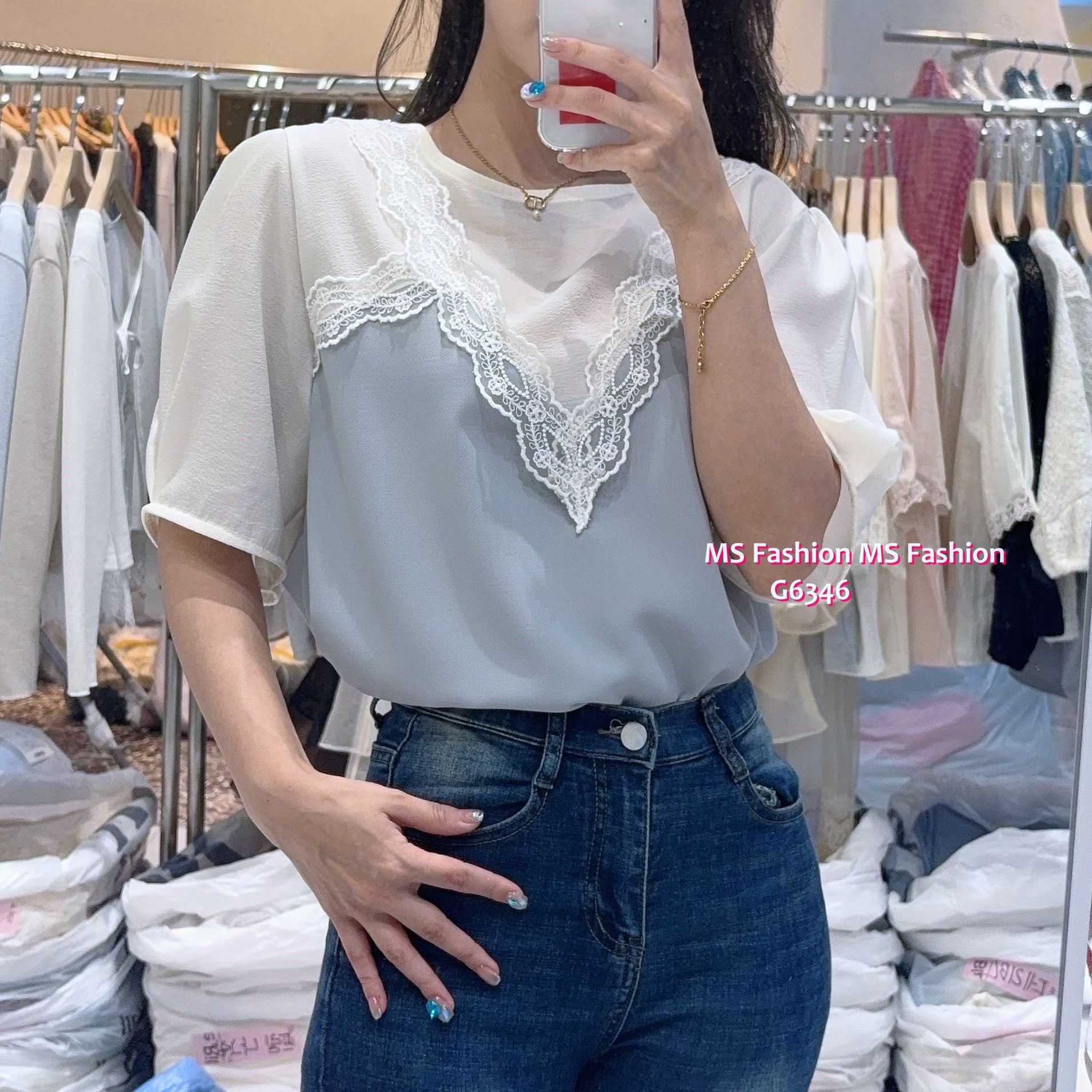 G6346 靚料拼色V lace top