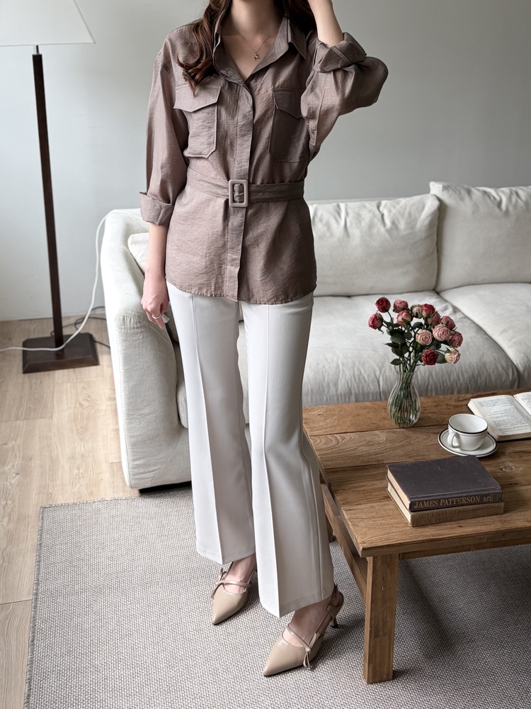 Feminine Belted Pocket Blouse (Brown)