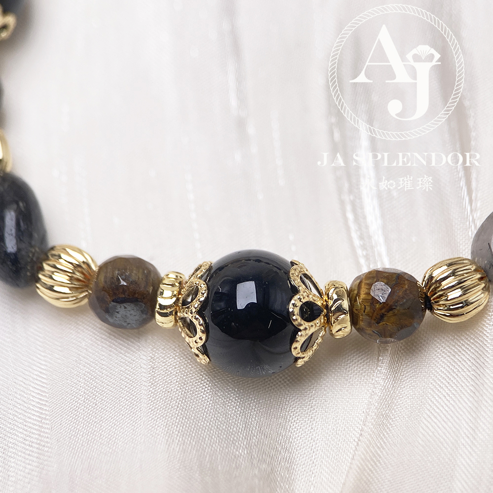 CY-03 黑髮晶銀曜黃虎眼14K包金水晶手鏈