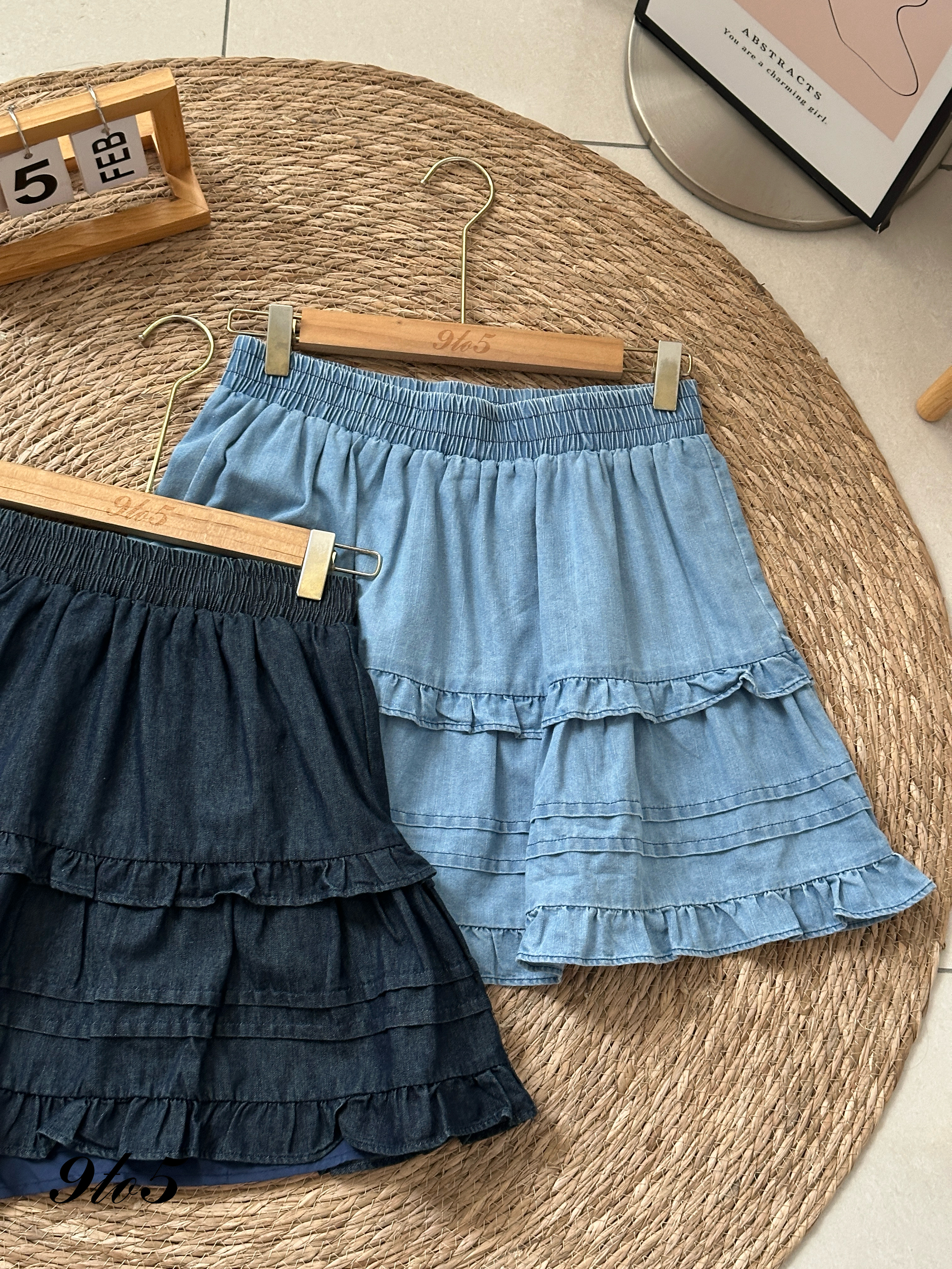 S1791 Denim Layered Short Skirt - Dark Blue & Light Blue