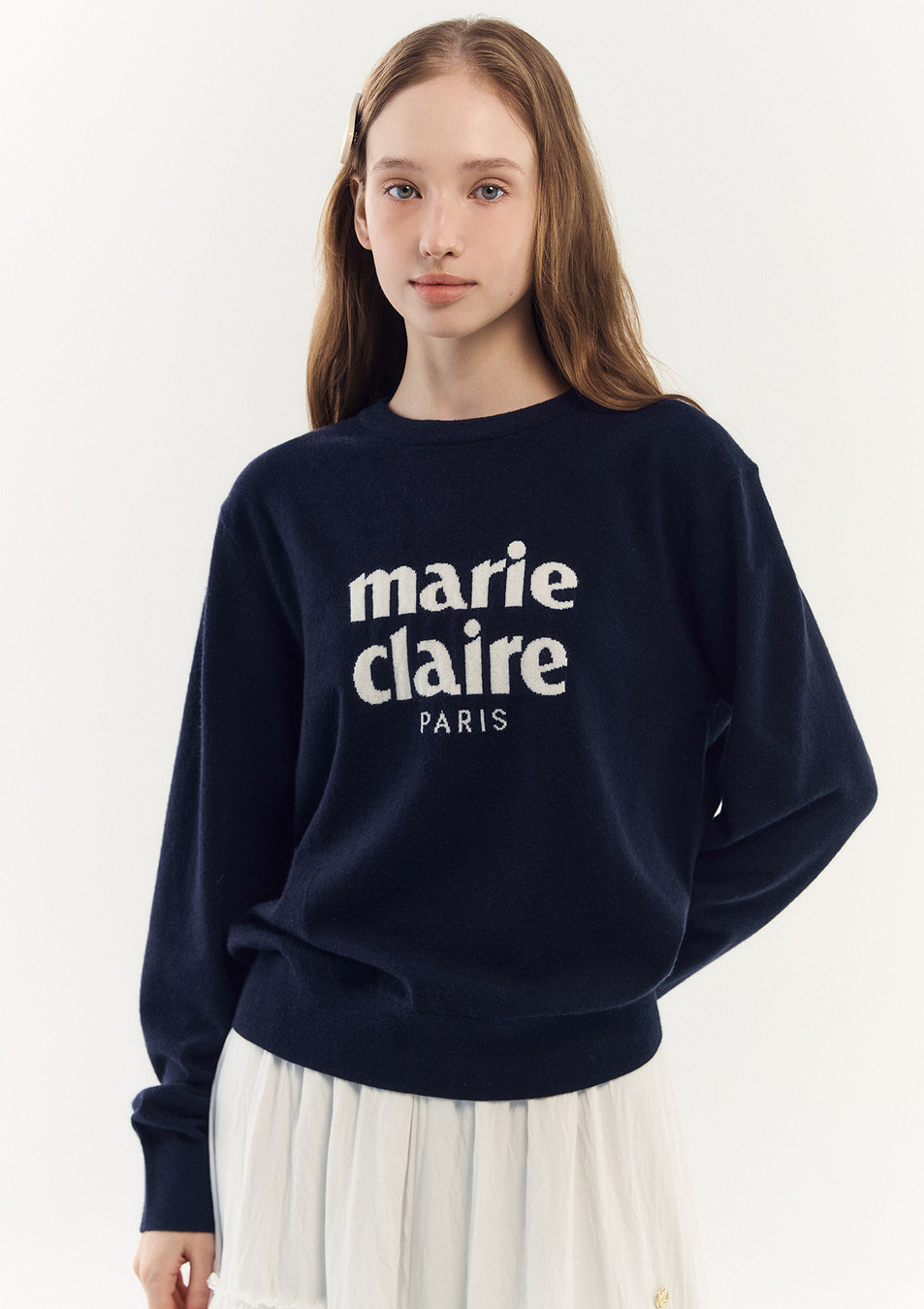 Marie Claire Essential Logo Jacquard Wool Round Knit 