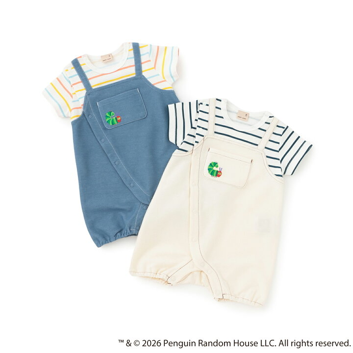 🇯🇵預訂 日本直送🇯🇵Petit Main x 好餓的毛毛蟲系列兩色刺繡條紋吊帶短袖連身服