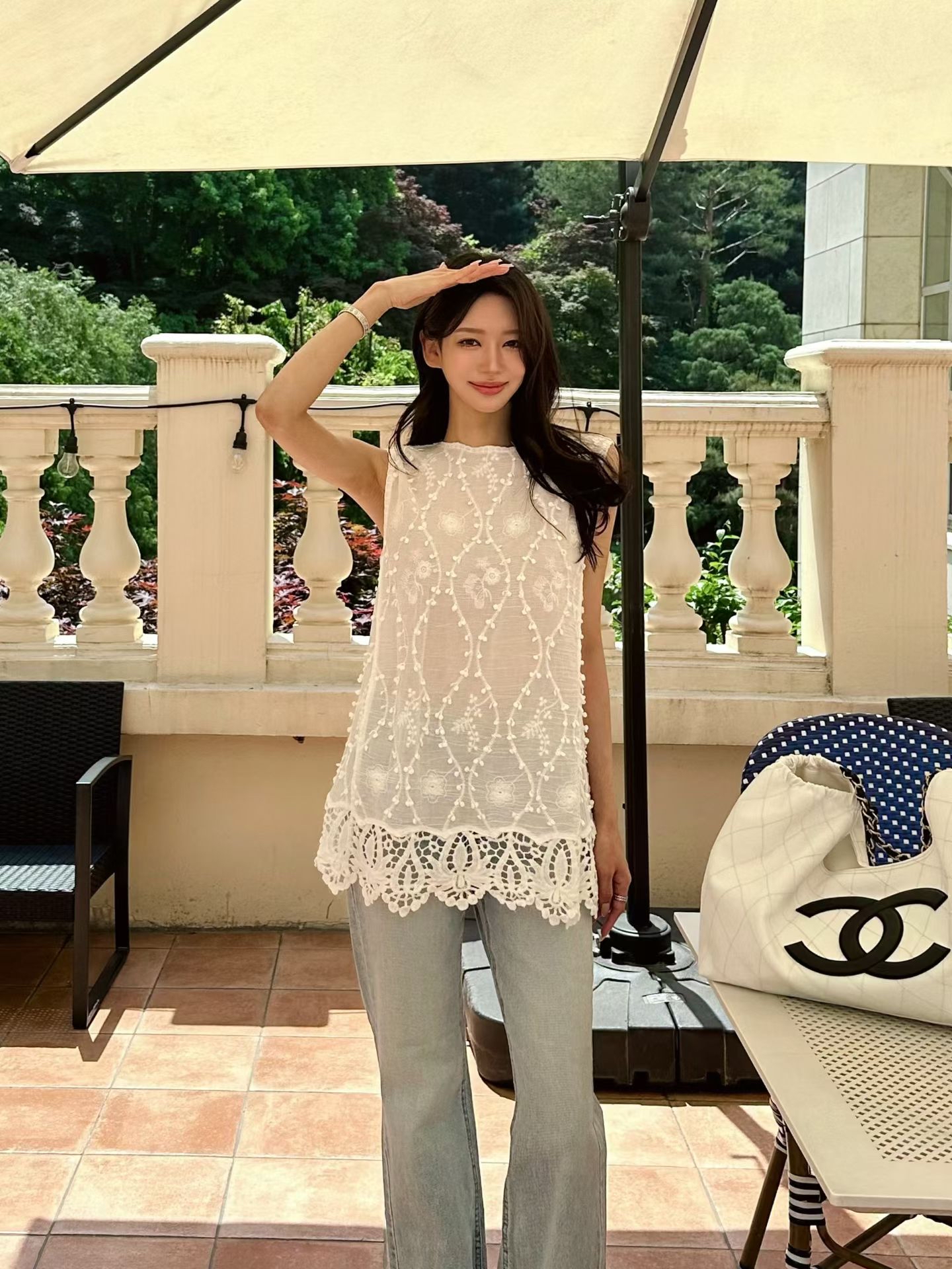 Textured lace top Ivory