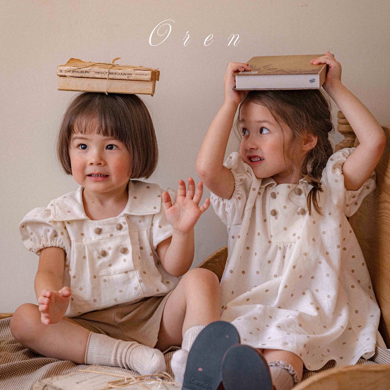 ☀️預訂 韓國直送☀️🇰🇷Oren 雙排鈕扣波點翻領亞麻混紡短袖包屁衣/連身裙/上下套裝