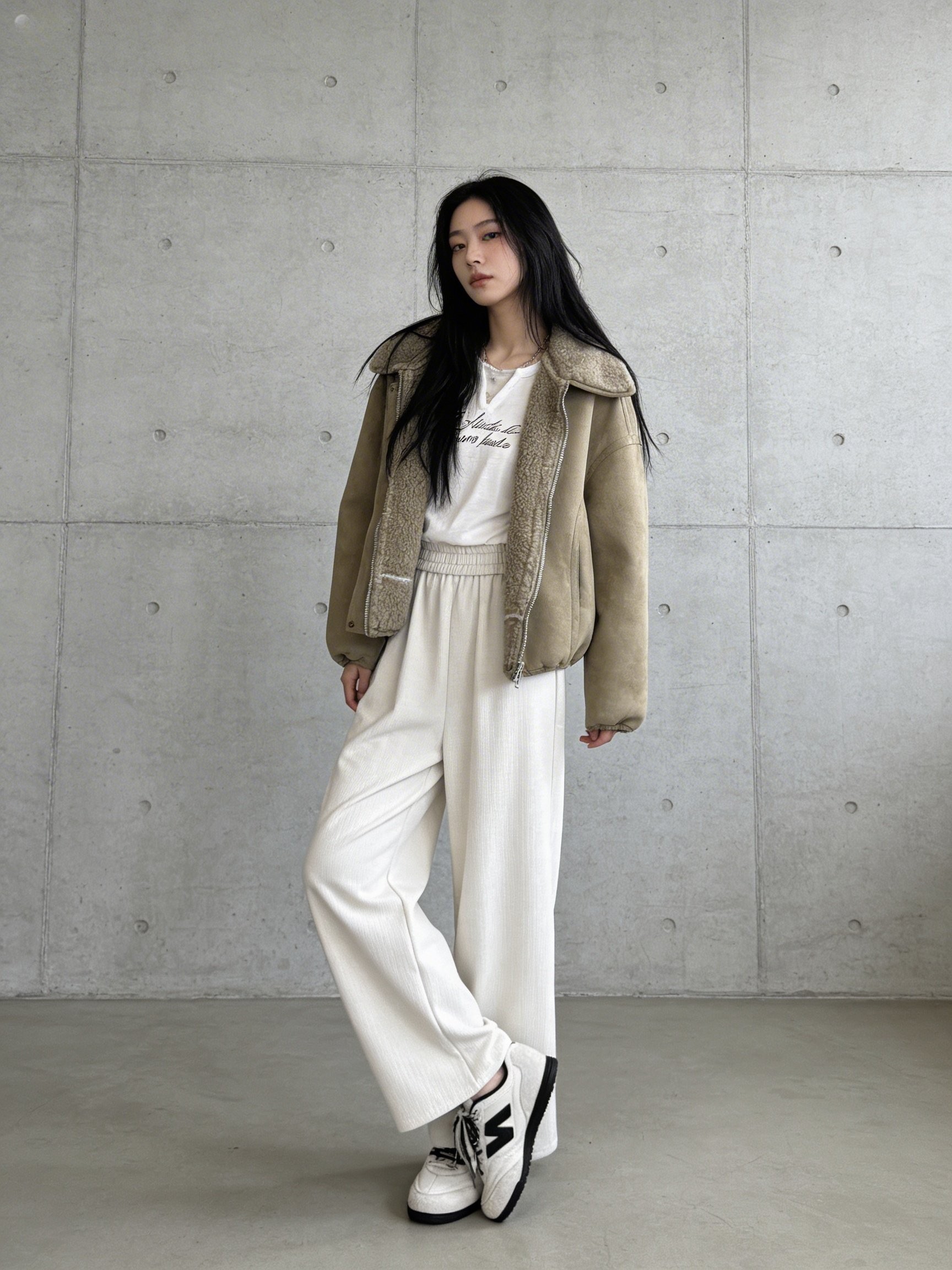 卡其色麂皮毛領短版飛行夾克