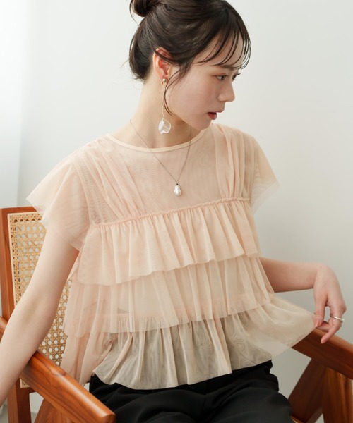 薄紗荷葉邊法式袖上衣【JT037】