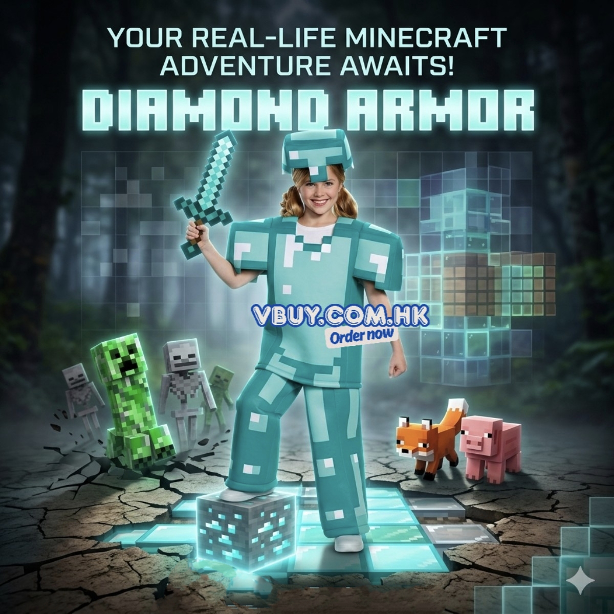 綠鑽石人 Minecraft cosplay costume鑽石扮演衣服3件套 #卡通人物扮演 世界圖書日服裝 故事書角色扮演 公益金便服日衣服 兒童萬聖節衣服  world book day costume 聖誕節派對服裝 cos1010