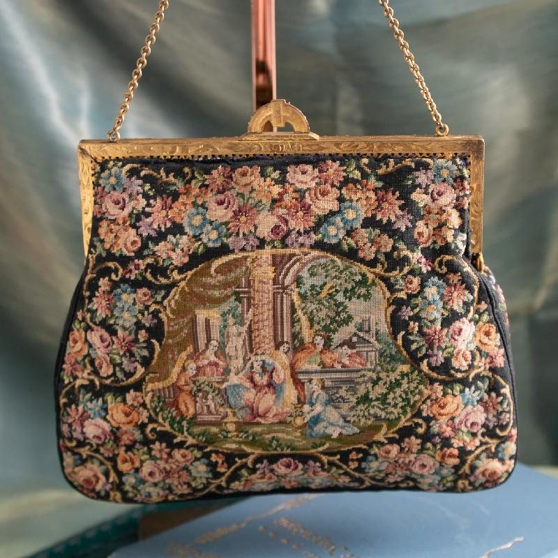 C.a. 1940s Floral & Garden Scenery Tapestry Handbag with Enamel Frame and Champagne Lining (MT2029)