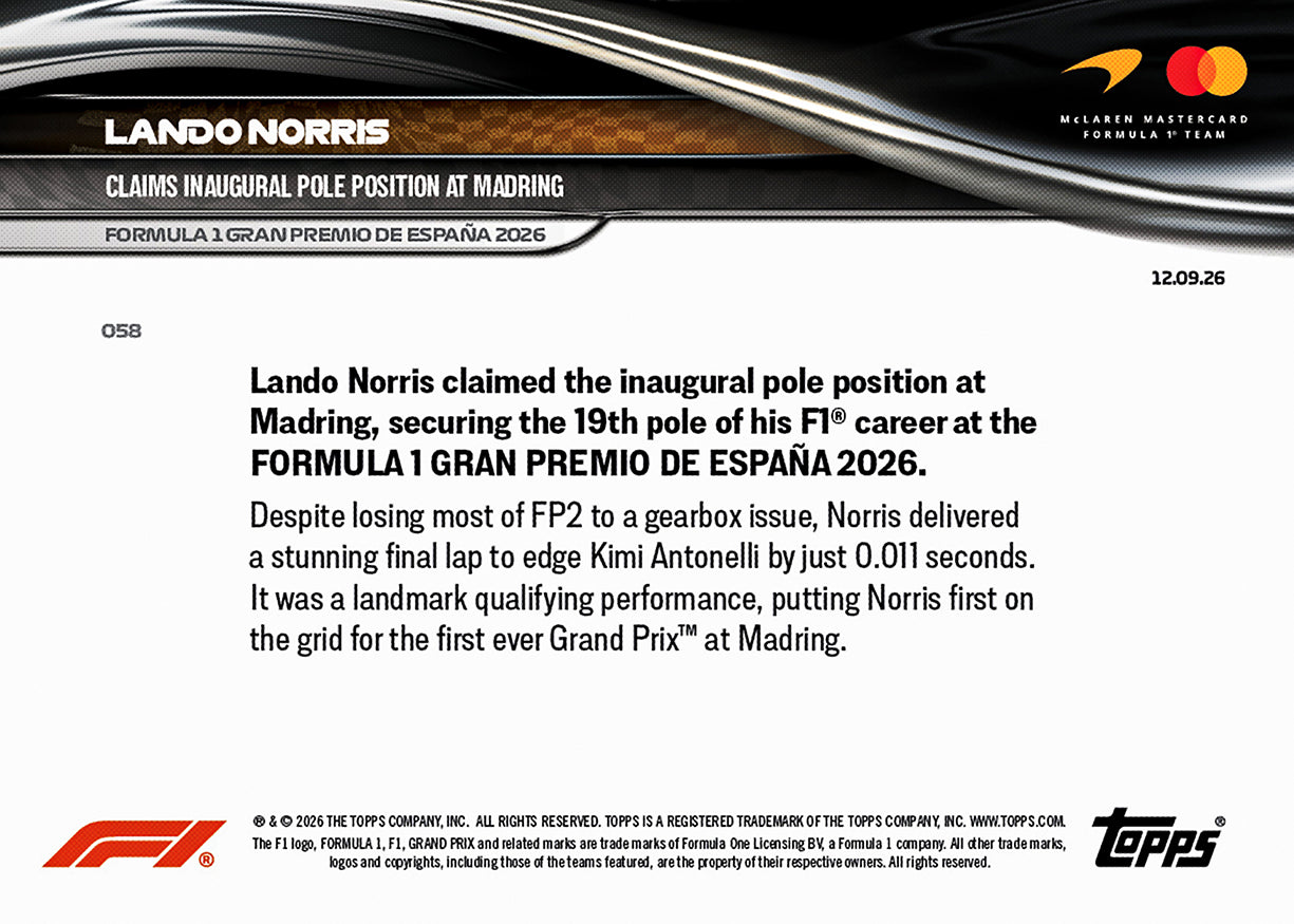 Lando Norris - 2026 Formula 1® Topps NOW® #58【團購】