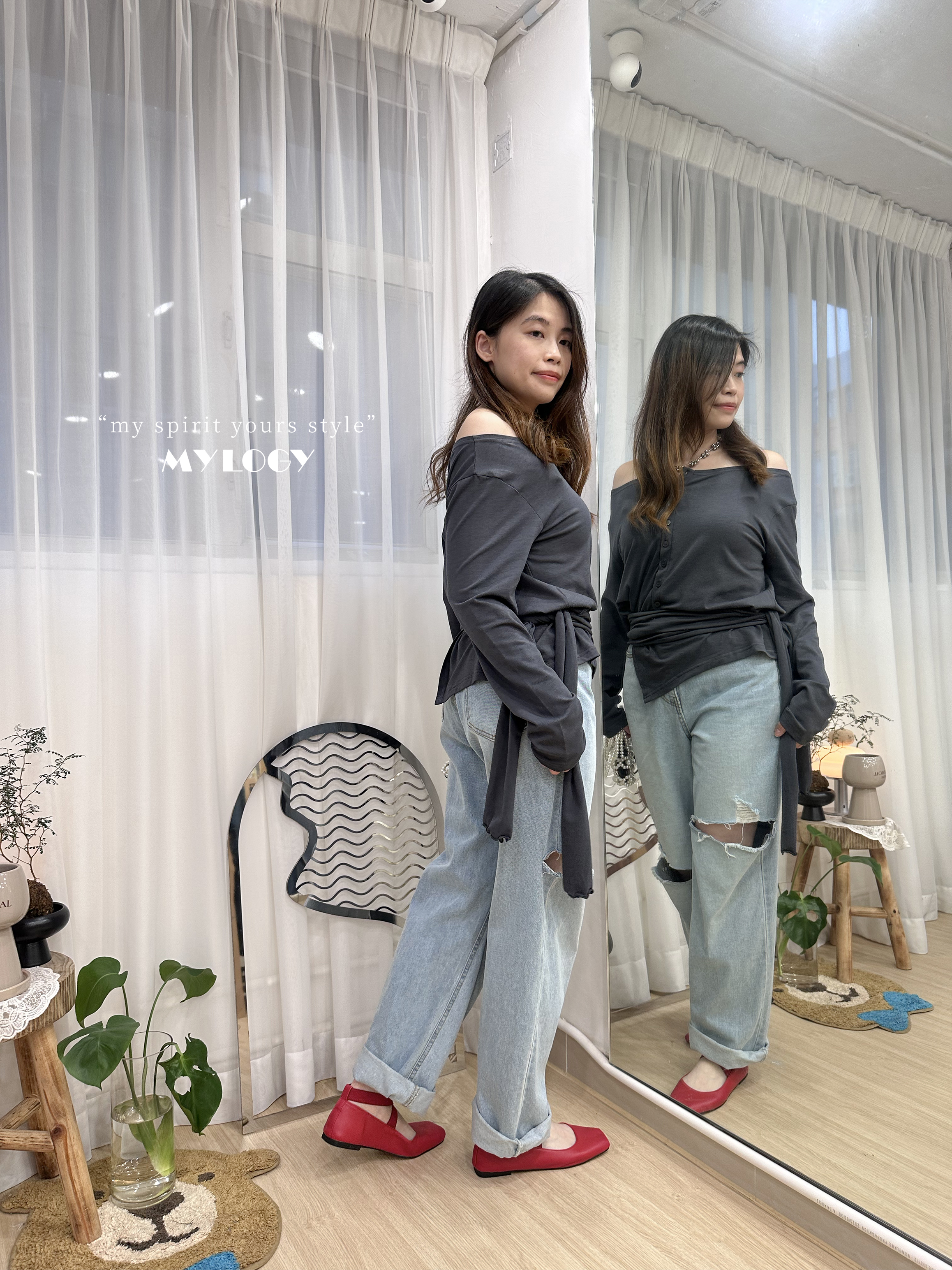 韓系 L/S Off Shoulder 排扣不規則下擺 TEE JD0008 - 深藍 Navy