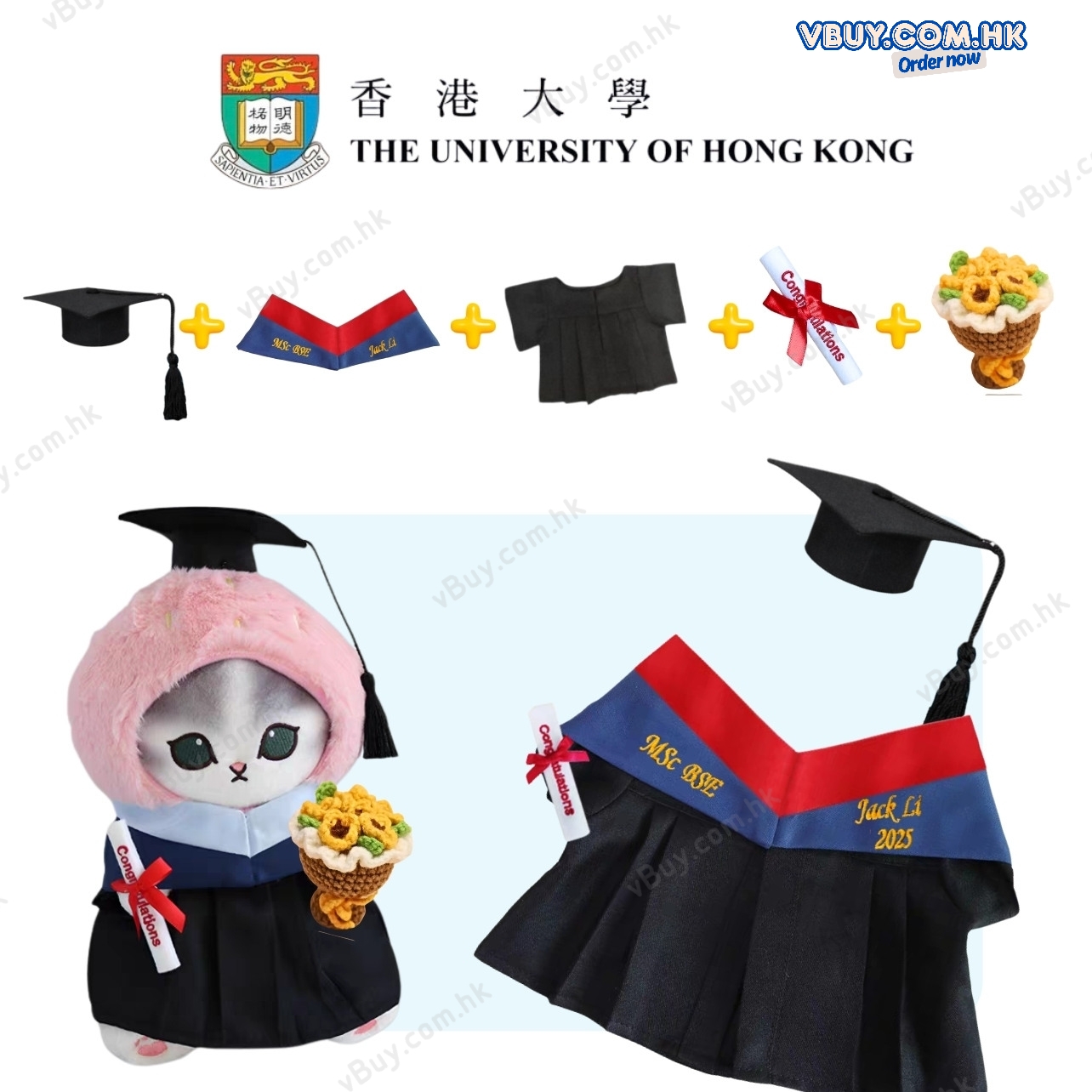 香港大學 HKU 建築學院 Architecture 畢業公仔袍 - 可綉名/校名/年份/校章 (灰色邊藍色布領) 公仔畢業袍