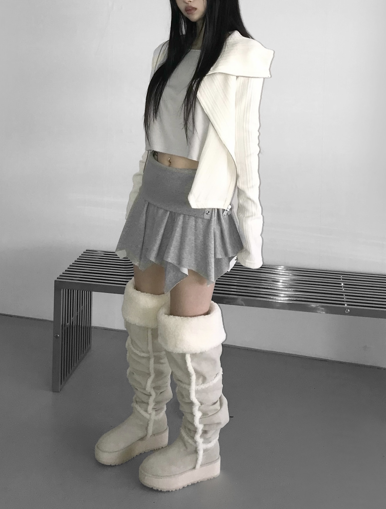 Asymmetric Zip-Up Ribbed Jacket