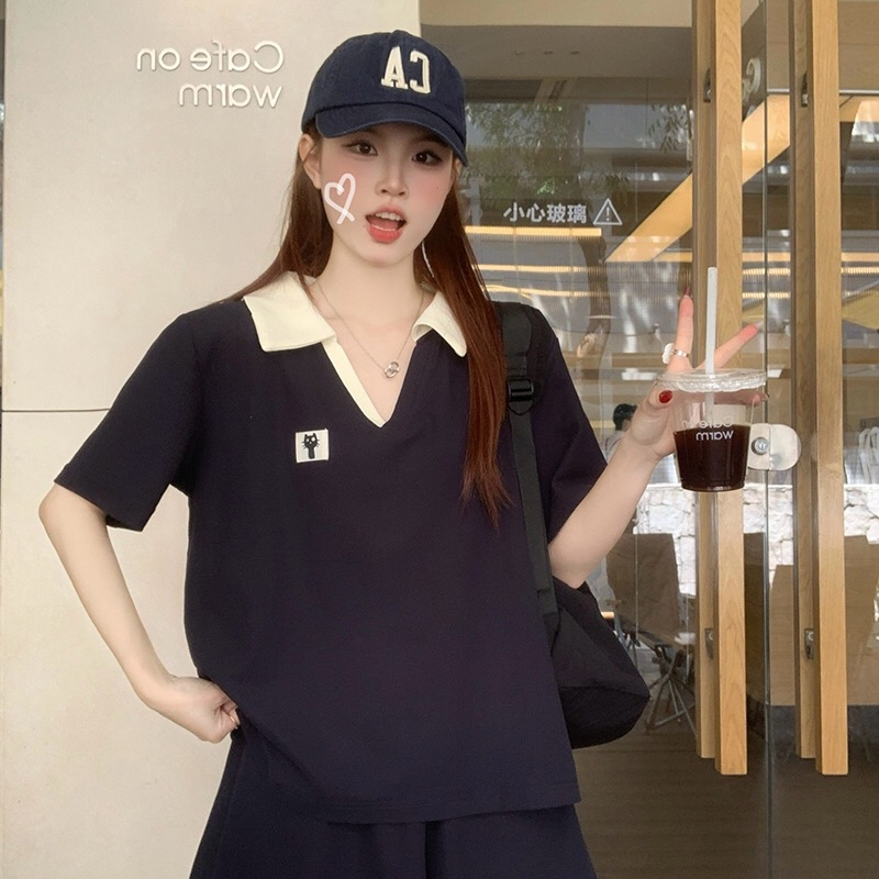 B329(8155) 韩系休闲甜美风猫咪标签上衣与短裤黑套装