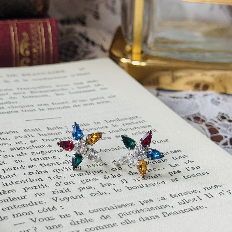 Vintage American B. David 1950s Silver Tone Multi-colour Rhinestone Star-Shaped Screwback Earrings(MT2248)