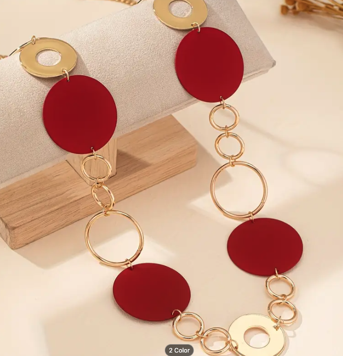 Long Layered Necklace with Golden-Tone Circles with Red/Black Circles