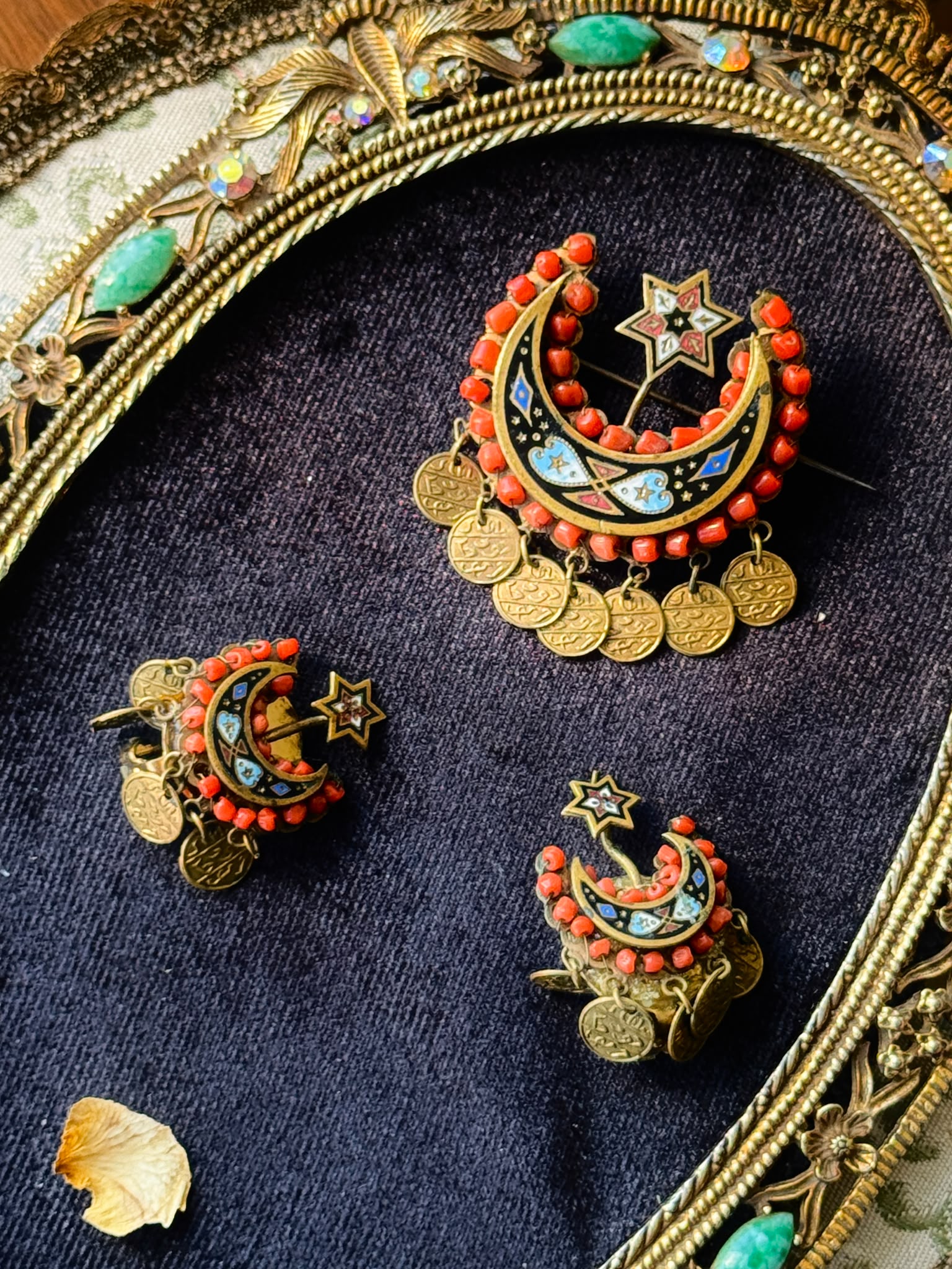 C.a. 1830s–1880s Ottoman Coral & Enamel Crescent Moon and Star Brooch and Earrings Demi-Parure (MT2653)