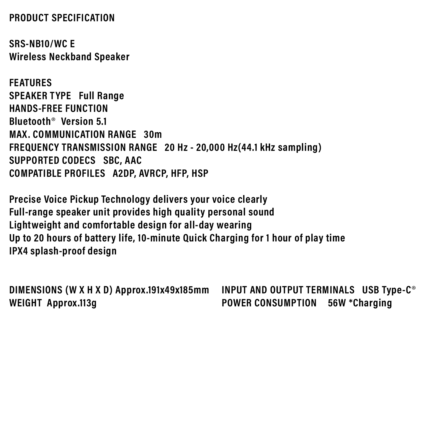 Sony Wireless Neckband Speaker White (SRS-NB10)