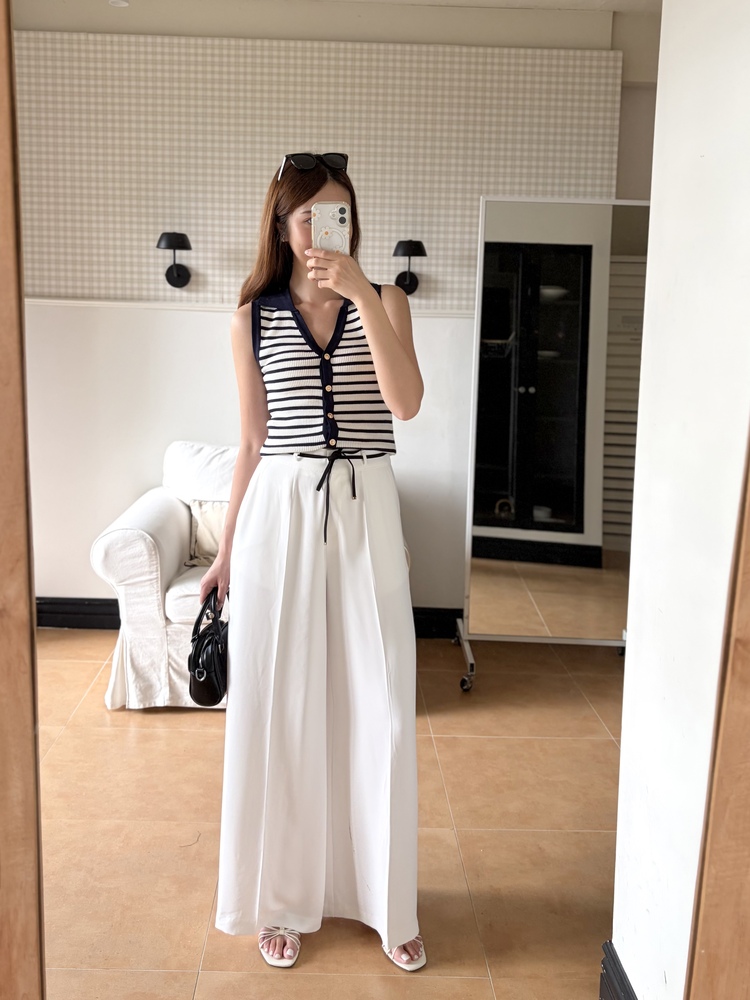 [超涼!!] Contrast Belt Wide Leg Slacks (White)