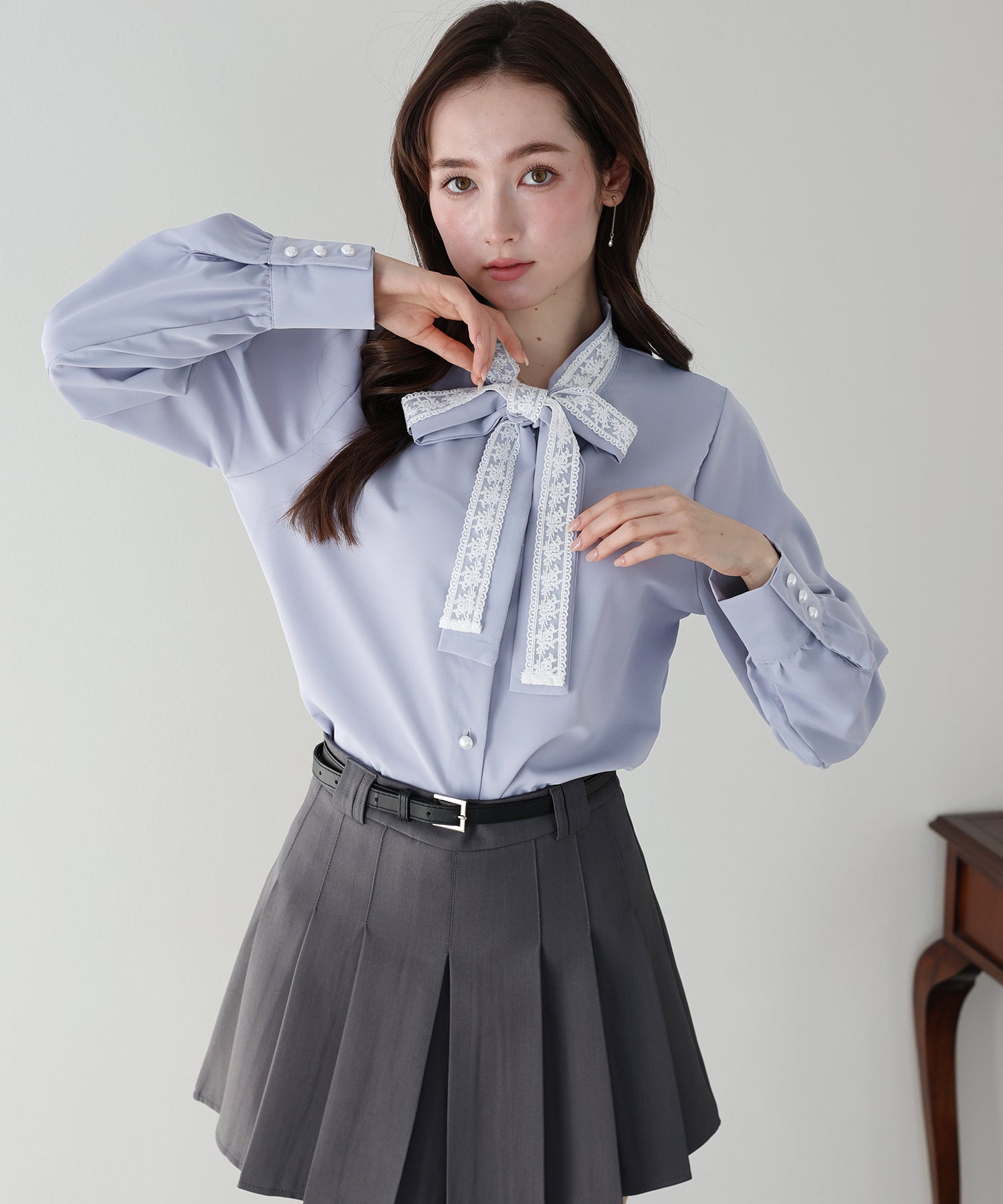 <JP> Lace Ribbon x Pearl Shirt Blouse * 3色入 <預購>