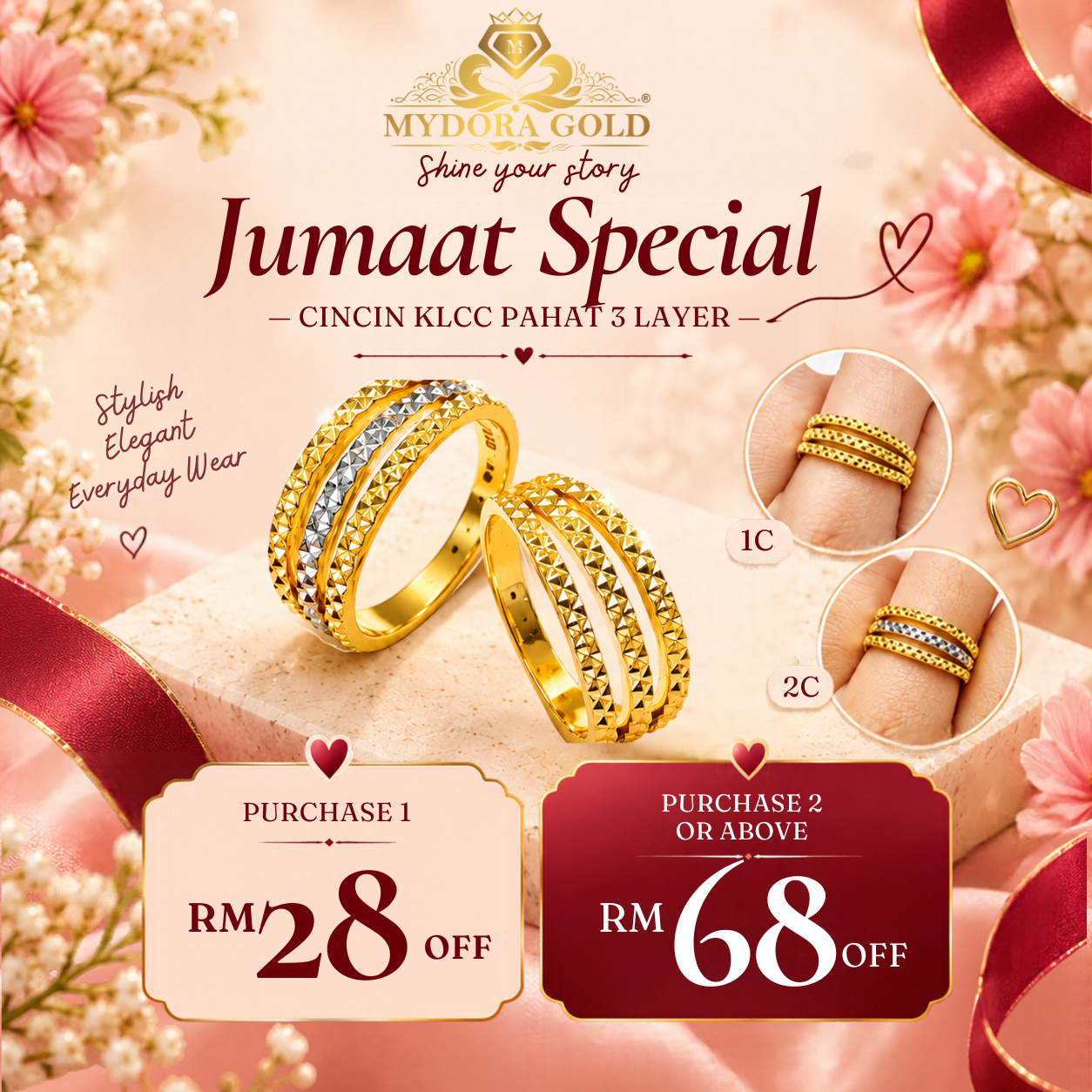 MYDORA Cincin KLCC Pahat 3 Layer (5G) l EMAS 916/22K