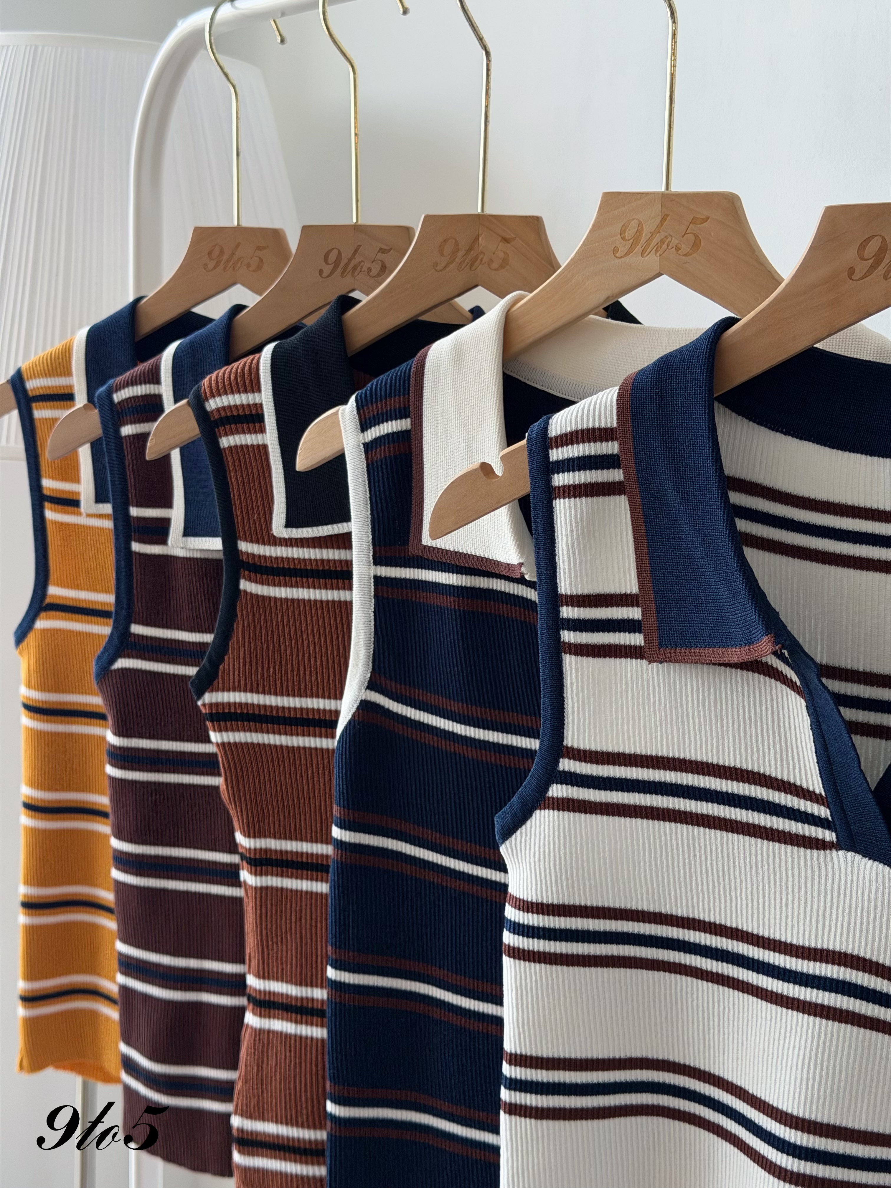 T4474 Sleeveless Striped Knit Polo Top - 5 Colors 