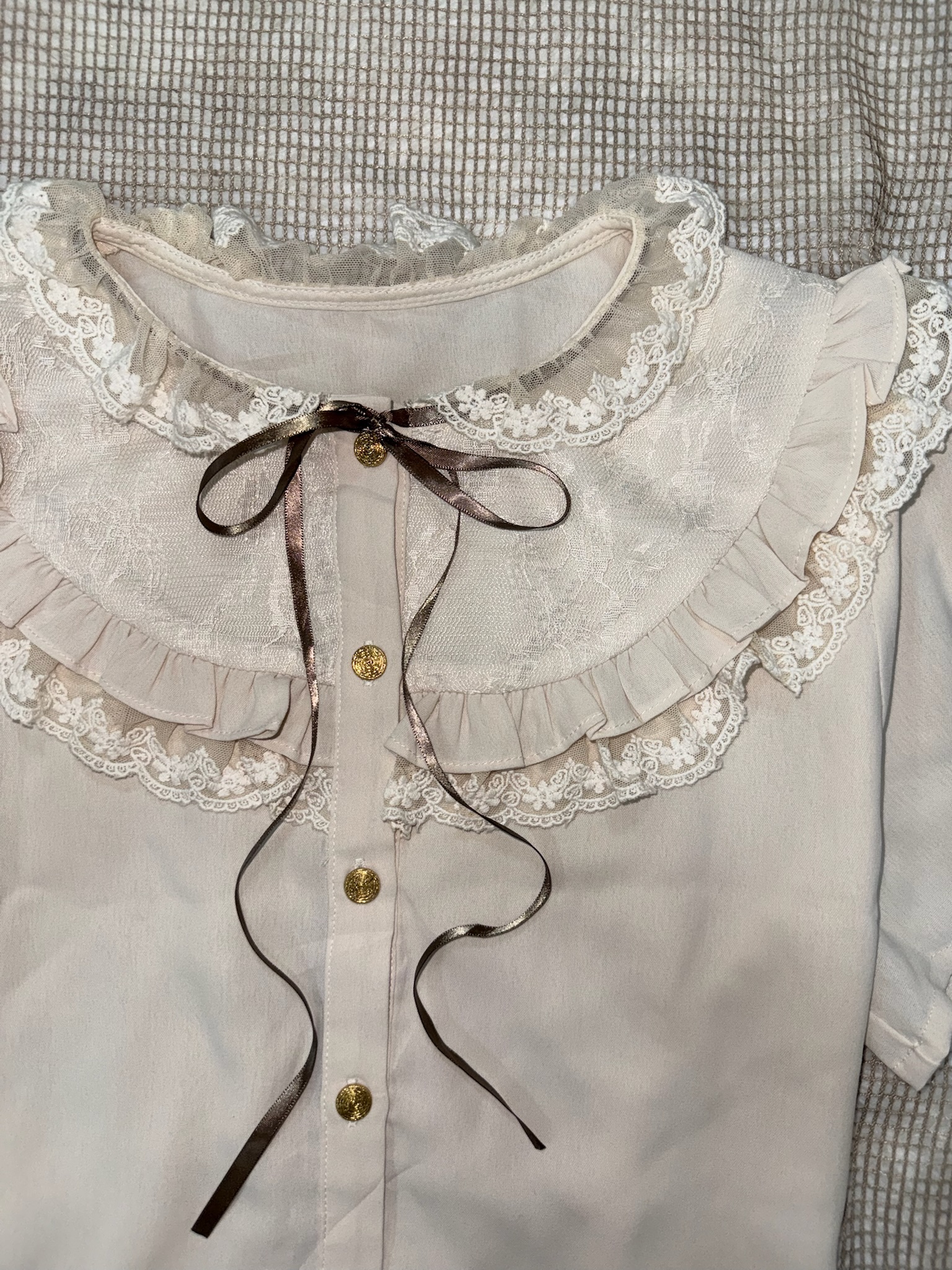 Cream Statement Collar Lace Blouse with Ribbon