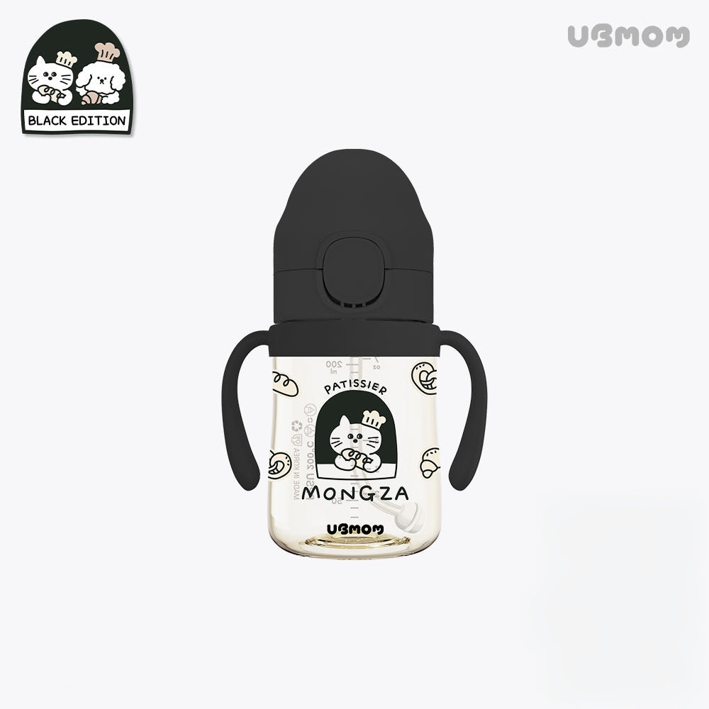 UBMOM PPSU特別版吸管杯 (黑色烘焙-法棍包萌莎貓200ml) -標配彈蓋帶重力球及直飲管