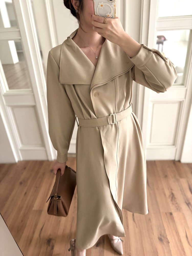 Classic Flared Trench Dress (Warm Beige)