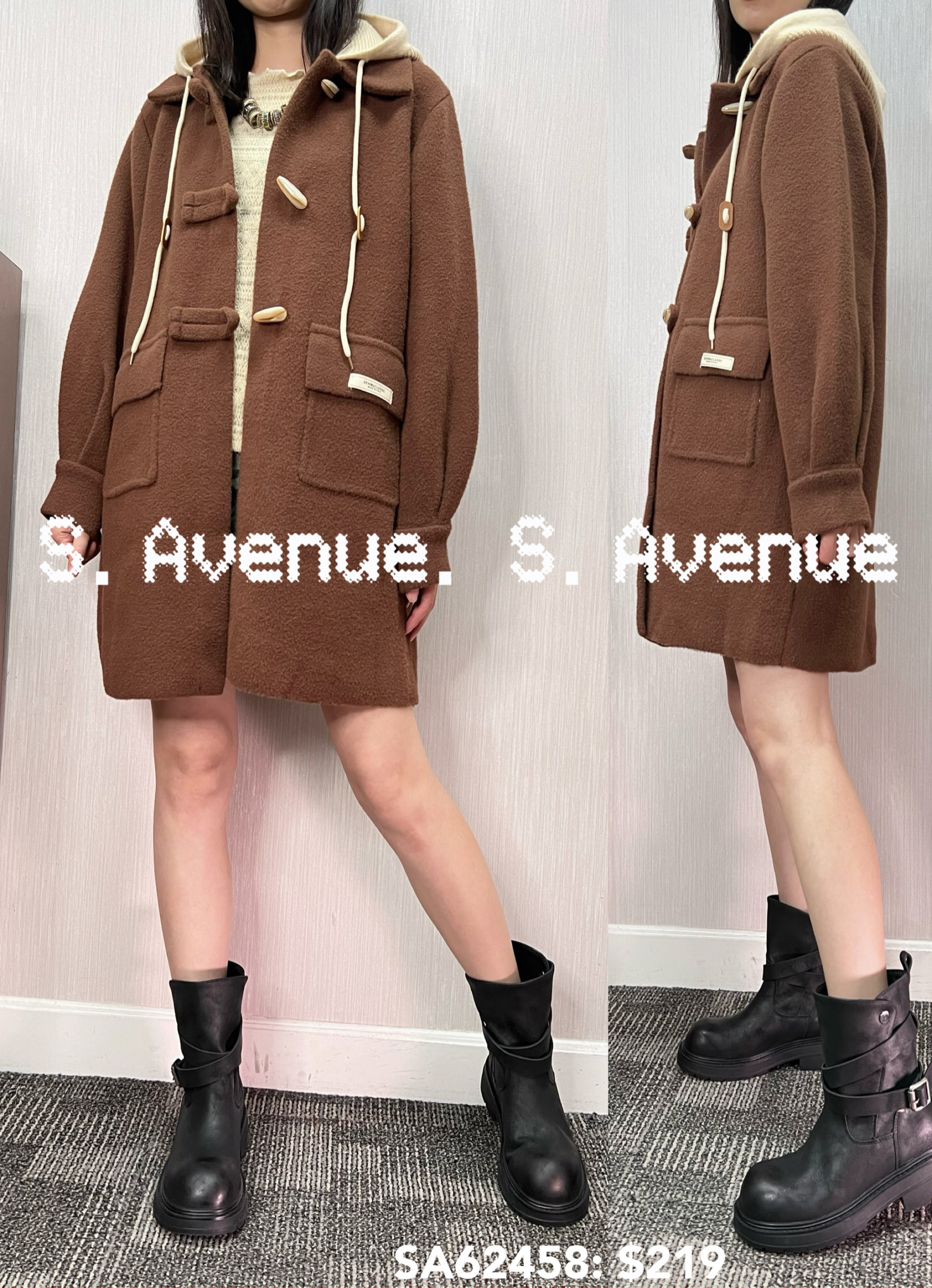 SA62458: 長袖長身牛角鈕有帽絨褸