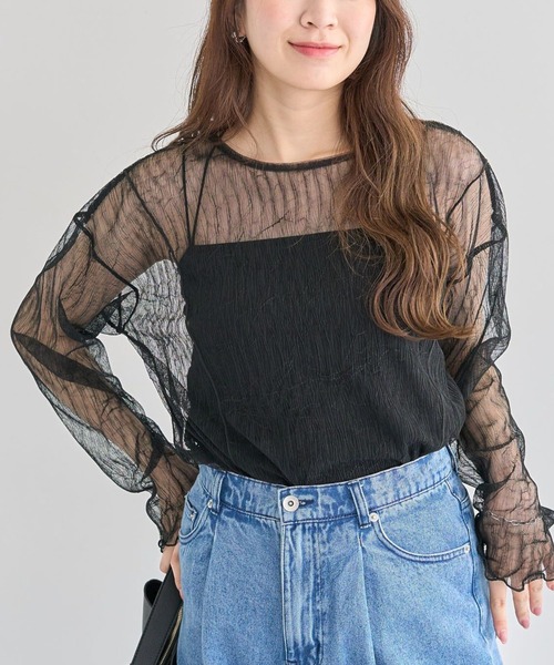 薄紗褶皺透視上衣