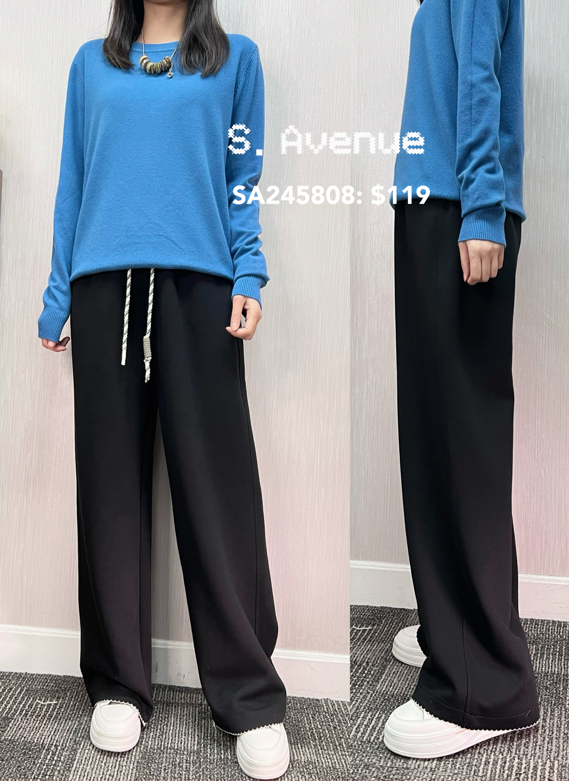 SA245808: 橡筋腰白色繡邊粗繩休閑褲