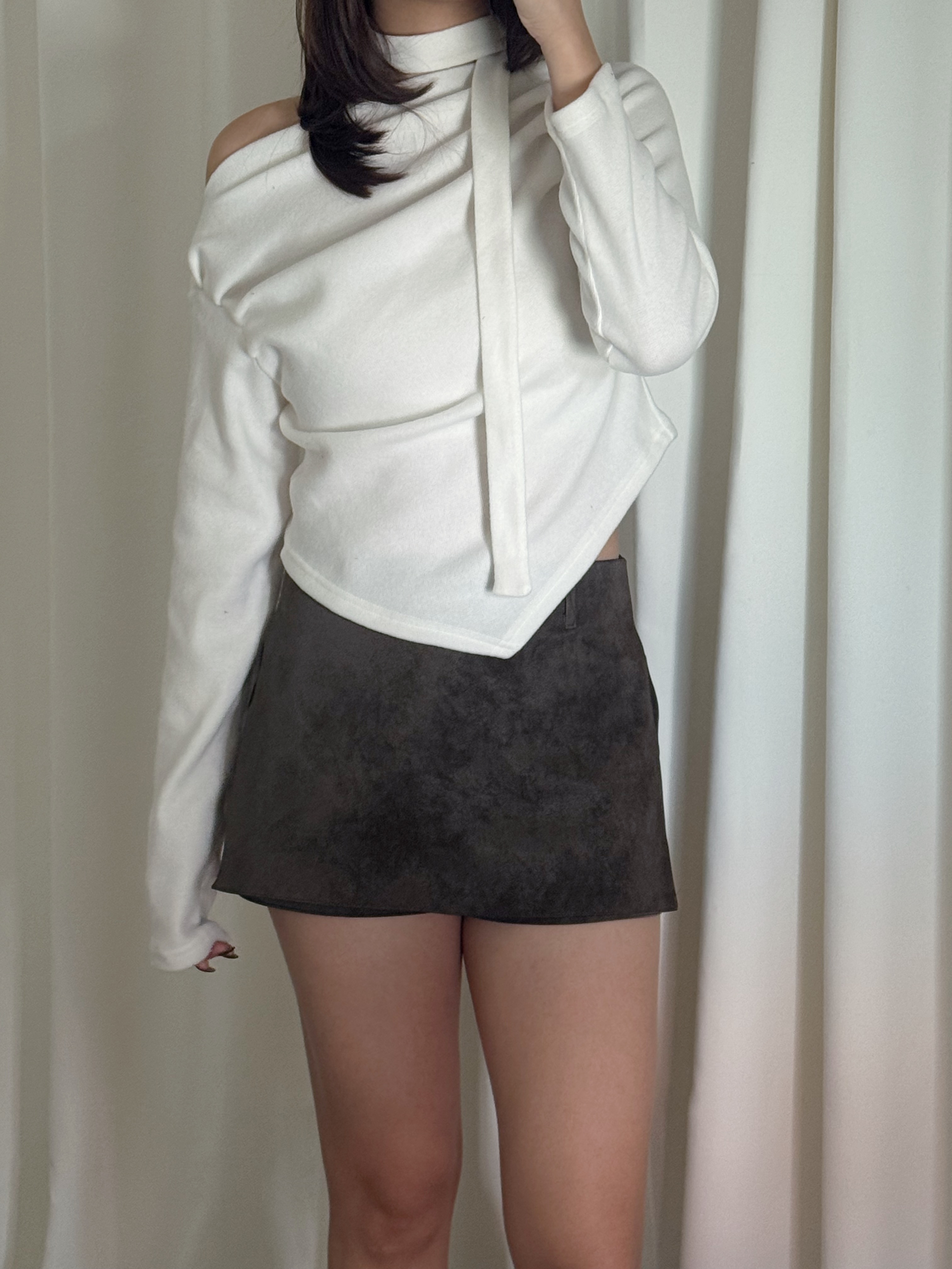 皺皺毛呢頸帶長袖上衣(四色入)