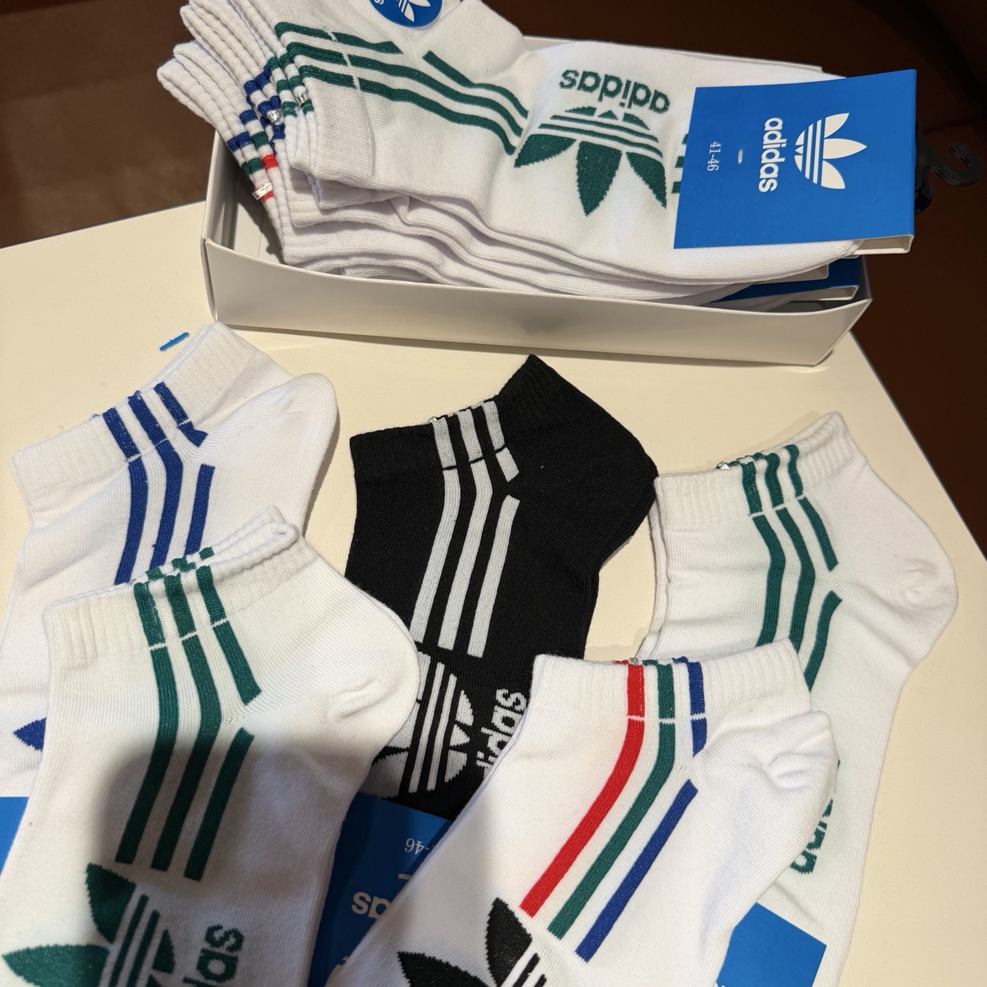 Adidas 彩色三條紋短筒棉襪 一套5對