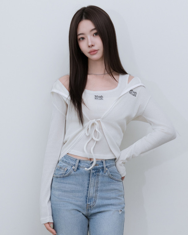 MuahMuah LACE CONTRAST  STRING KNIT CARDIGAN