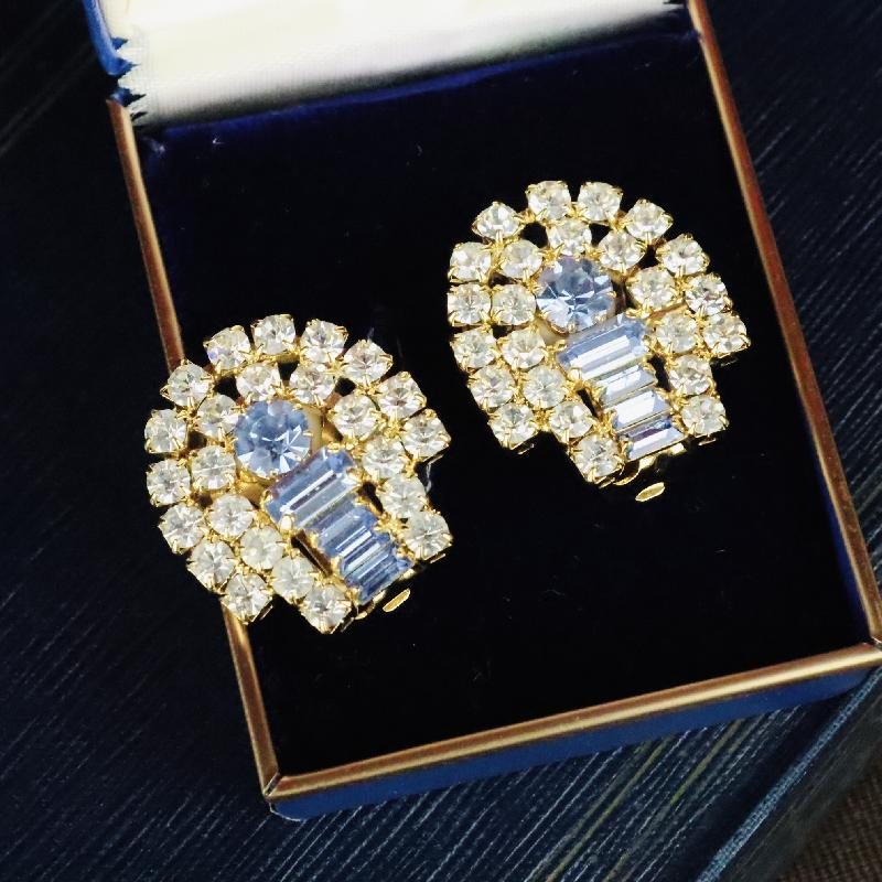 Vintage C.a. 1970-80s Czechoslovakian Blue Baguette Glass and Rhinestone Sparkling Cocktail Clip Earrings - New Old Stock(MZ054)