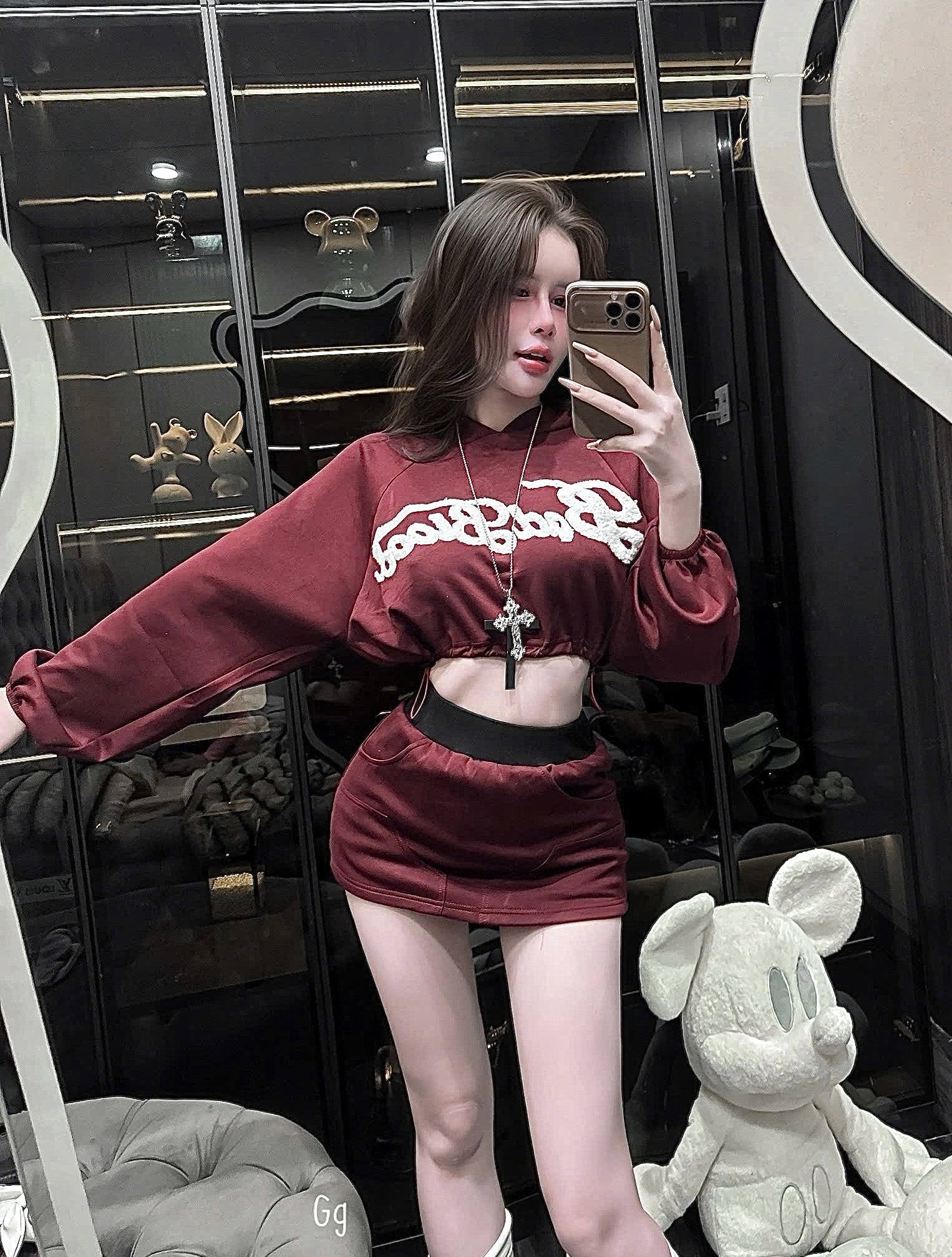 連帽衫长袖上衣+高腰短裙两件套