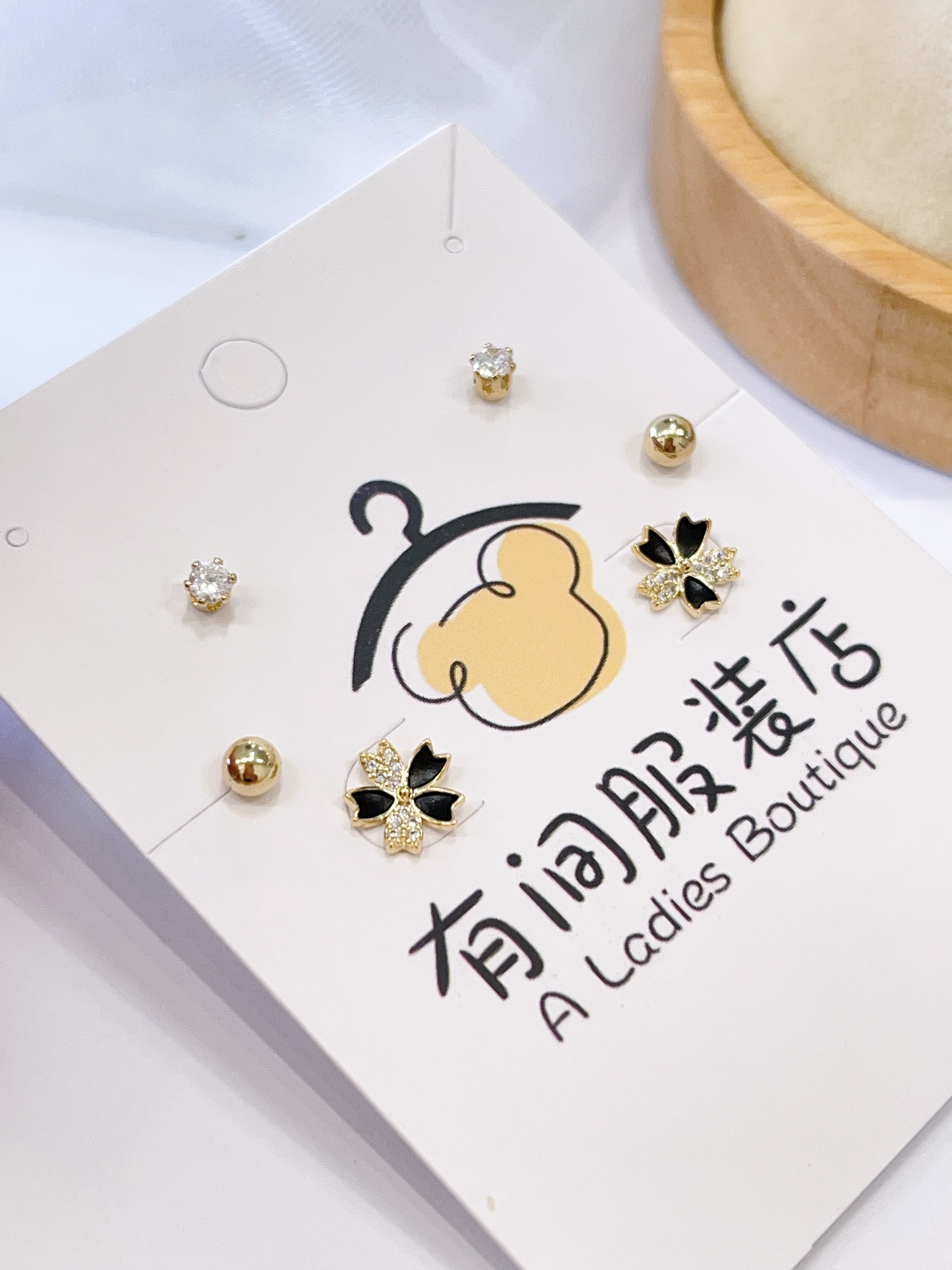 高级黑白色小花耳环套装