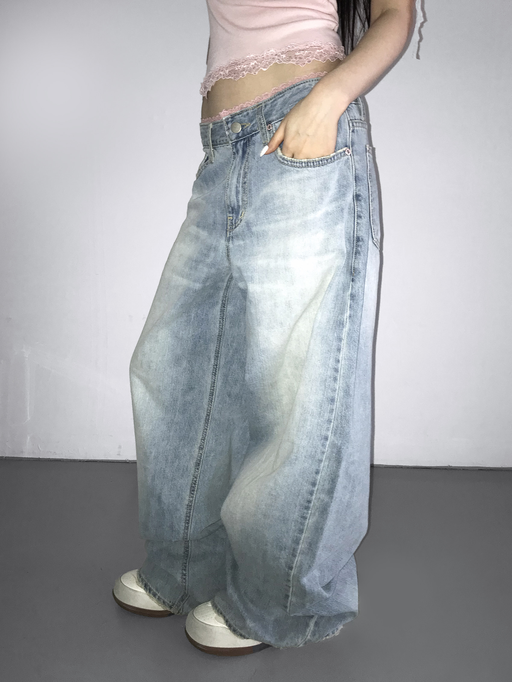 Lace Trim Layered Wide Leg Denim