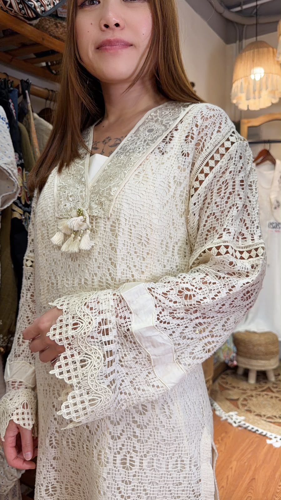 PKT 2644 Beige Knitted Sleeve Long Top