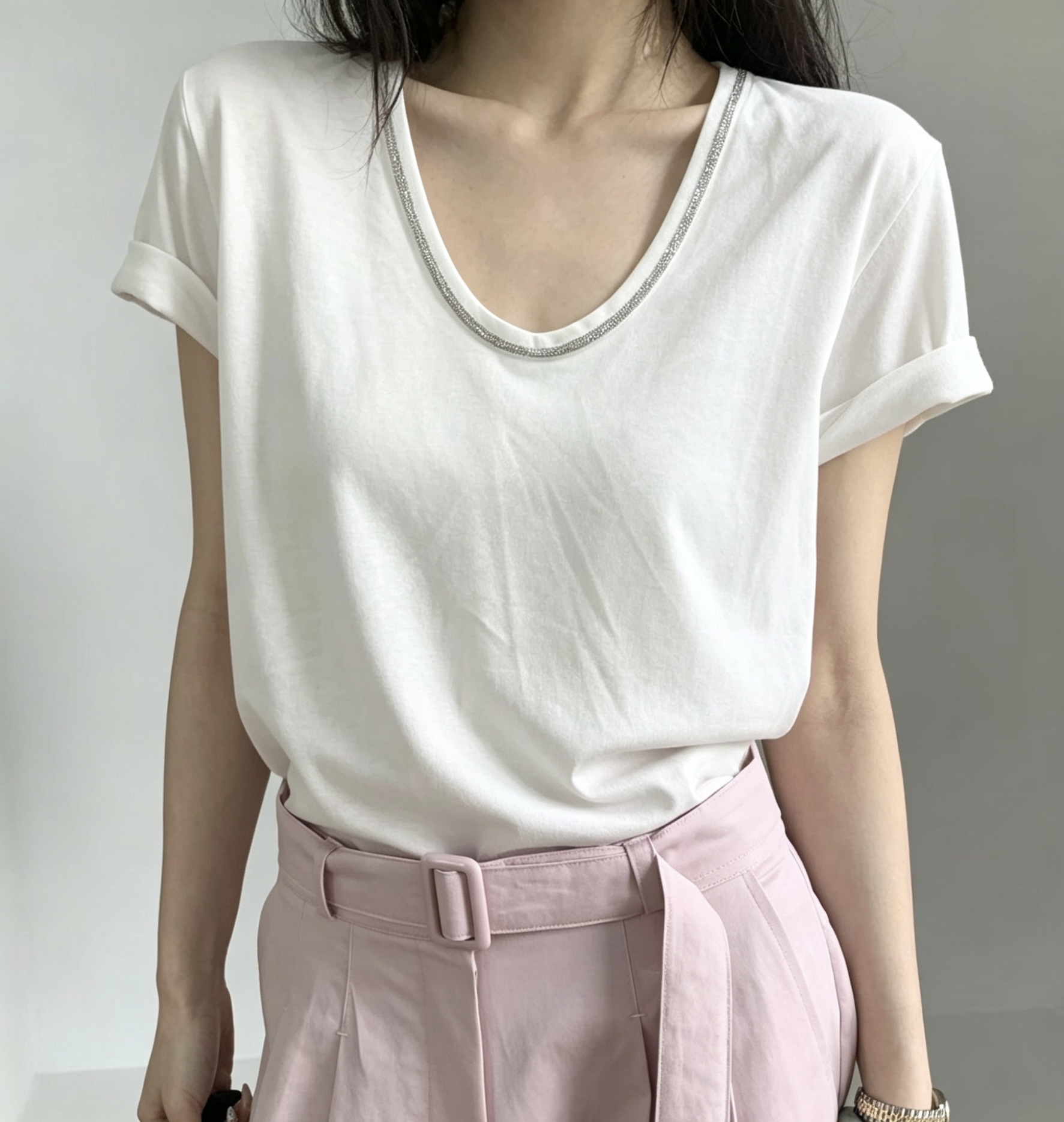 綑邊珠珠U 領Tee 