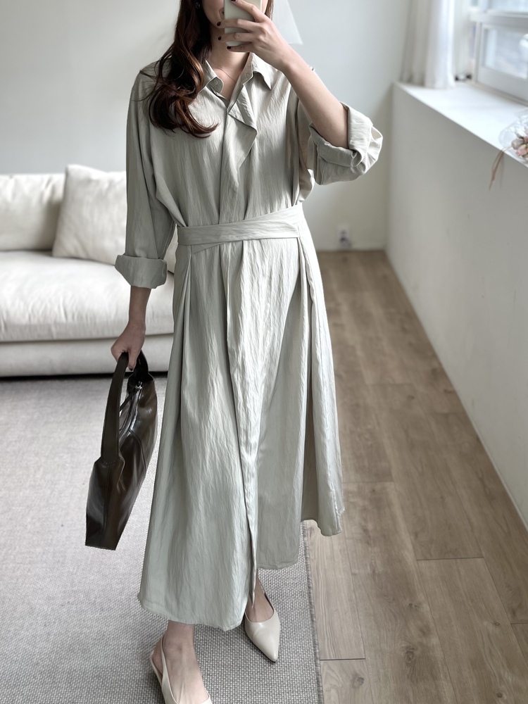 Minimal Belted Shirt Dress (Khaki)