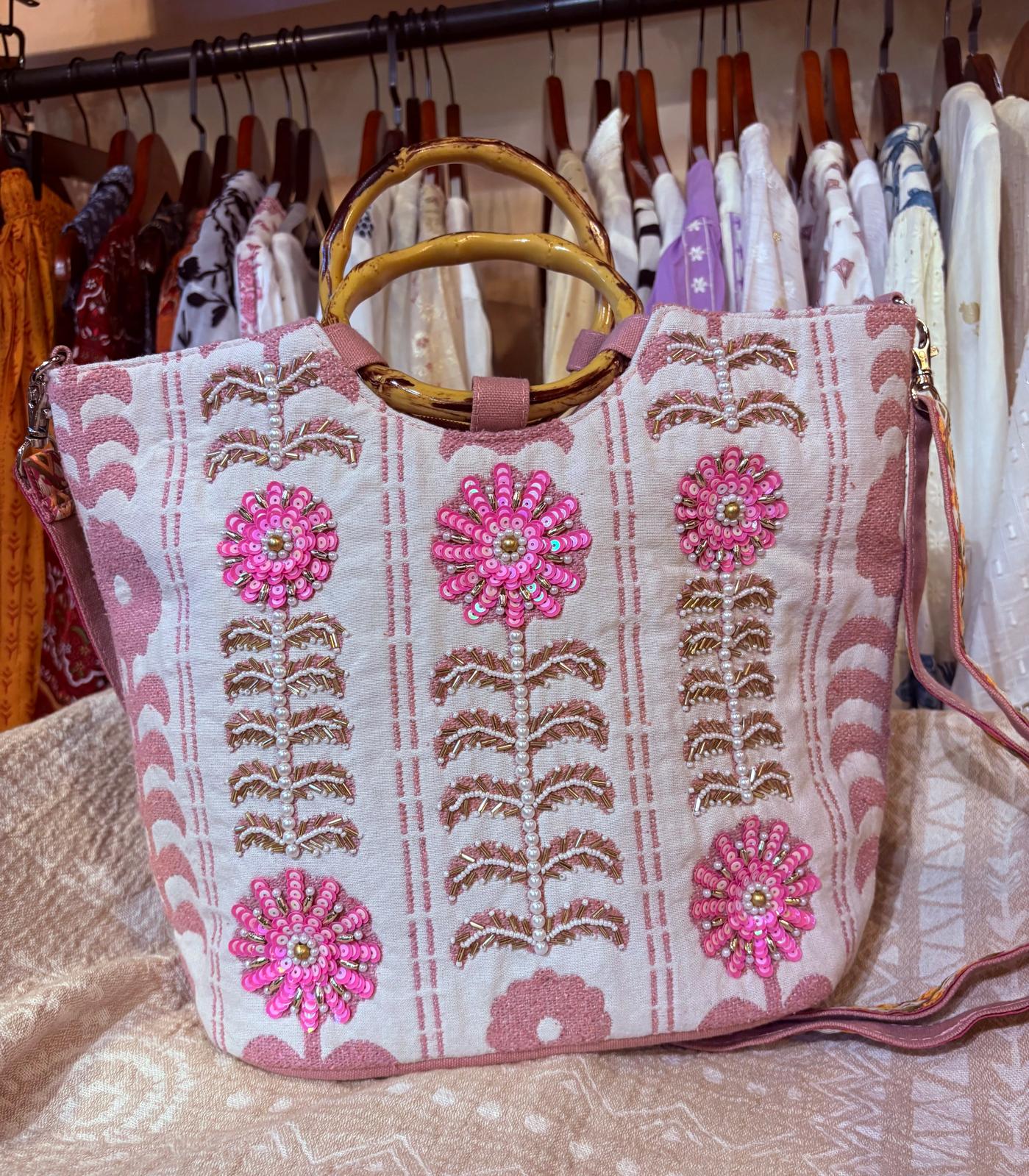 印度製造 - 粉紅色珠片刺繡木手挽袋
