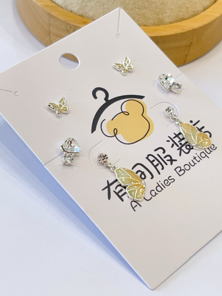渐变蝴蝶爱心锆耳环套装