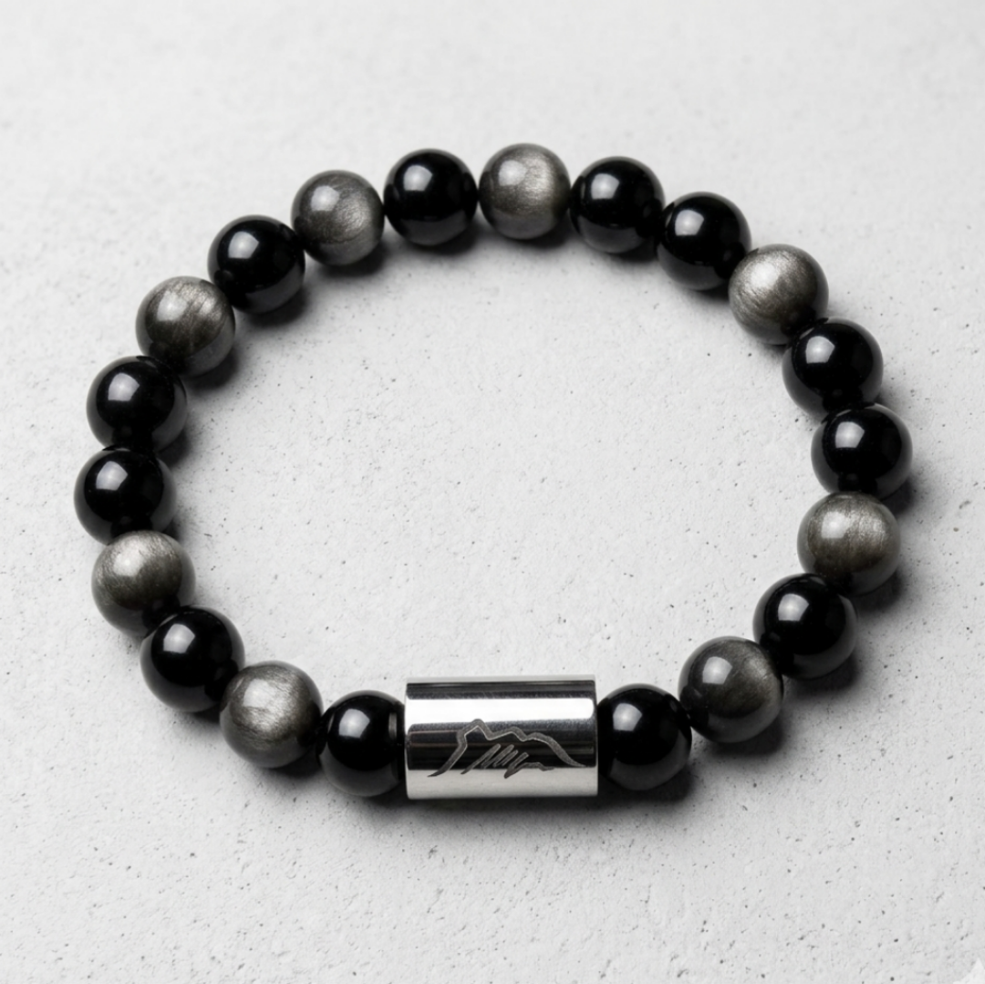 【銀影山脈】銀耀石金屬飾筒手串