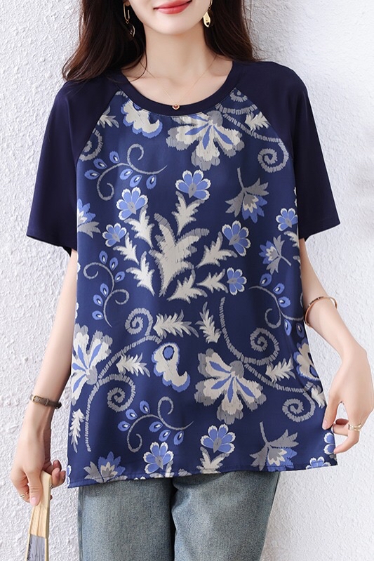 B213(2376) 新中式洋气国风拼接前部花色印花蓝上衣 