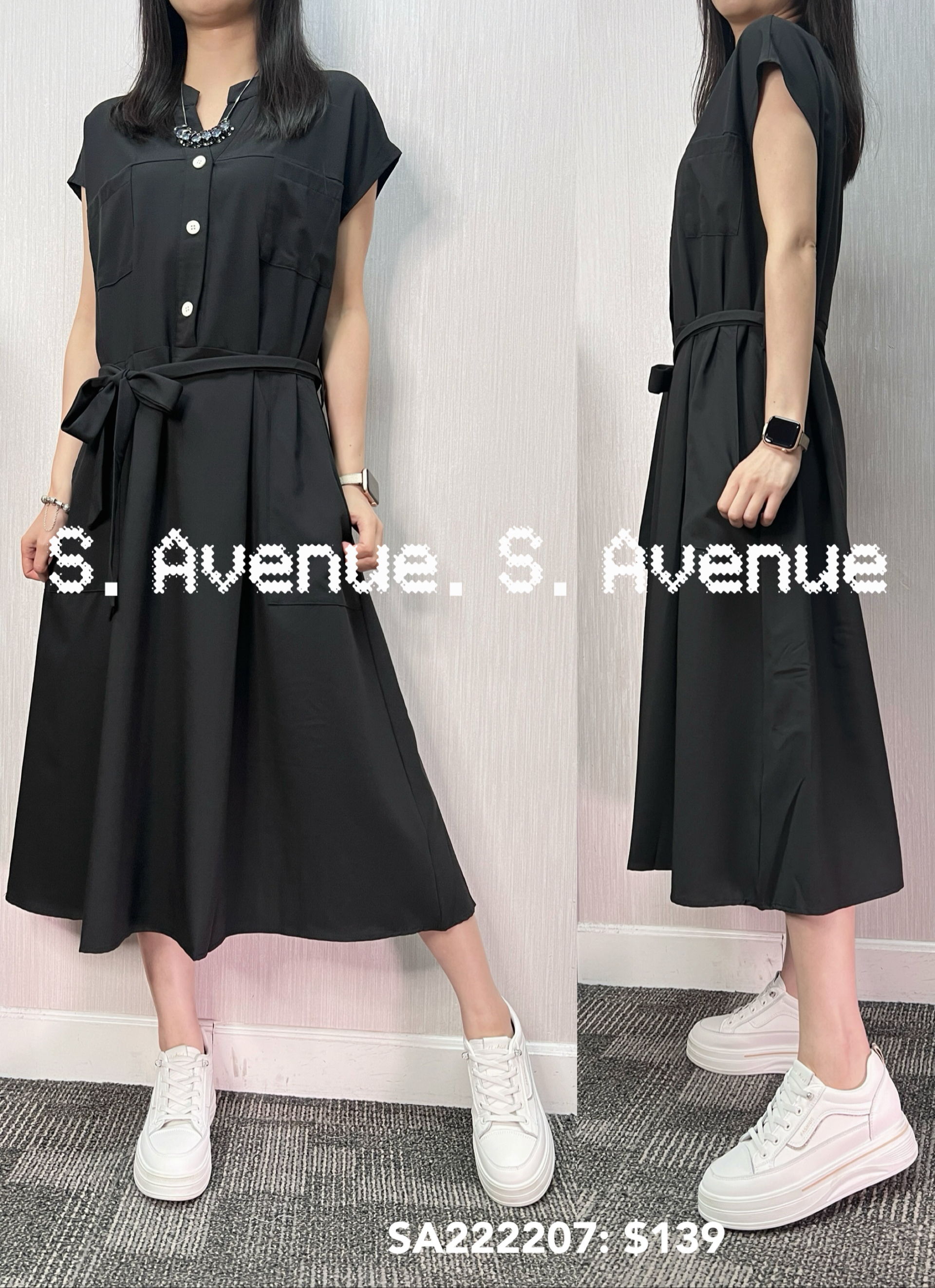 SA222207: 雞翼袖V領前有鈕綁結op