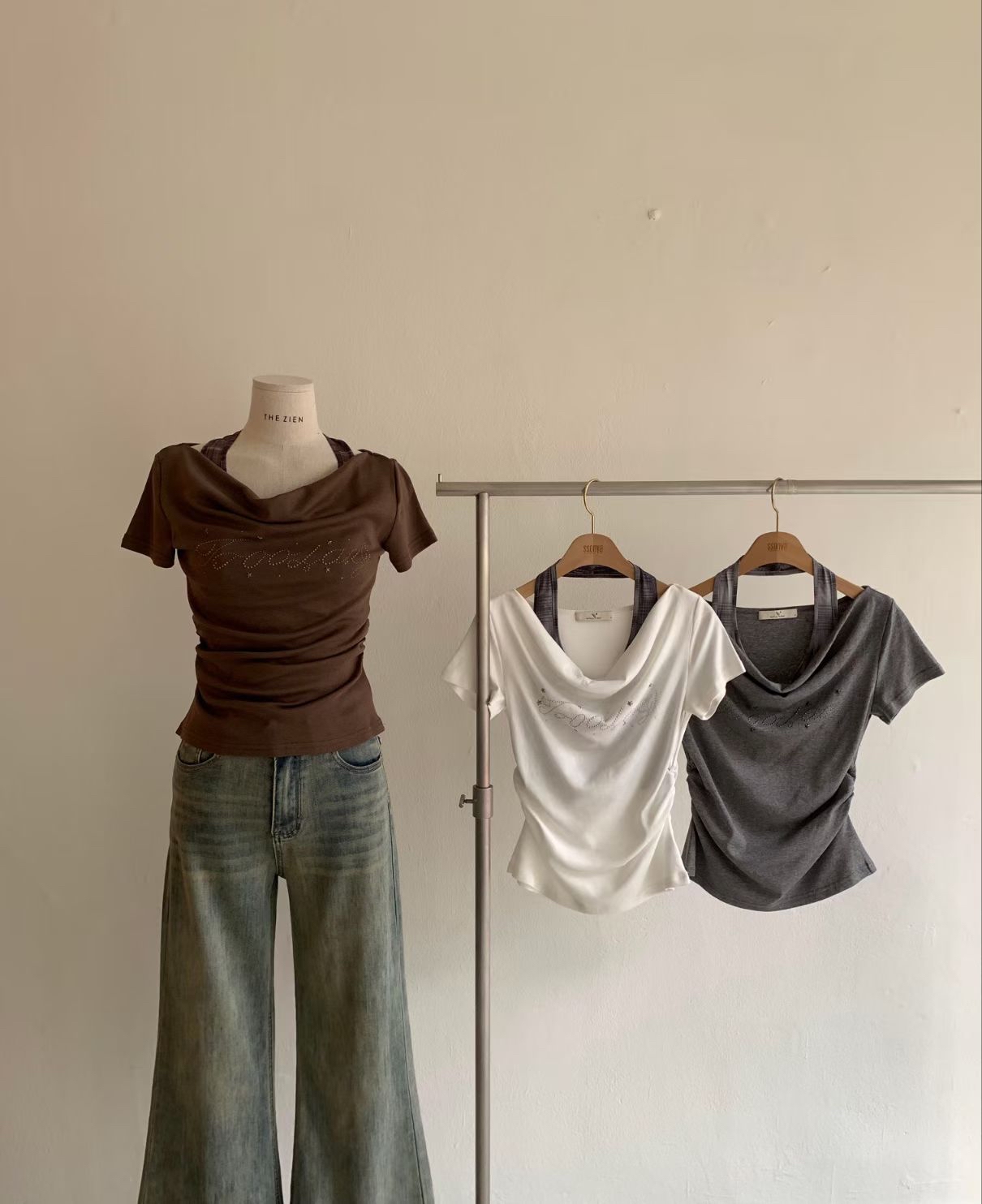 韓國格仔吊帶閃閃英文字假兩件