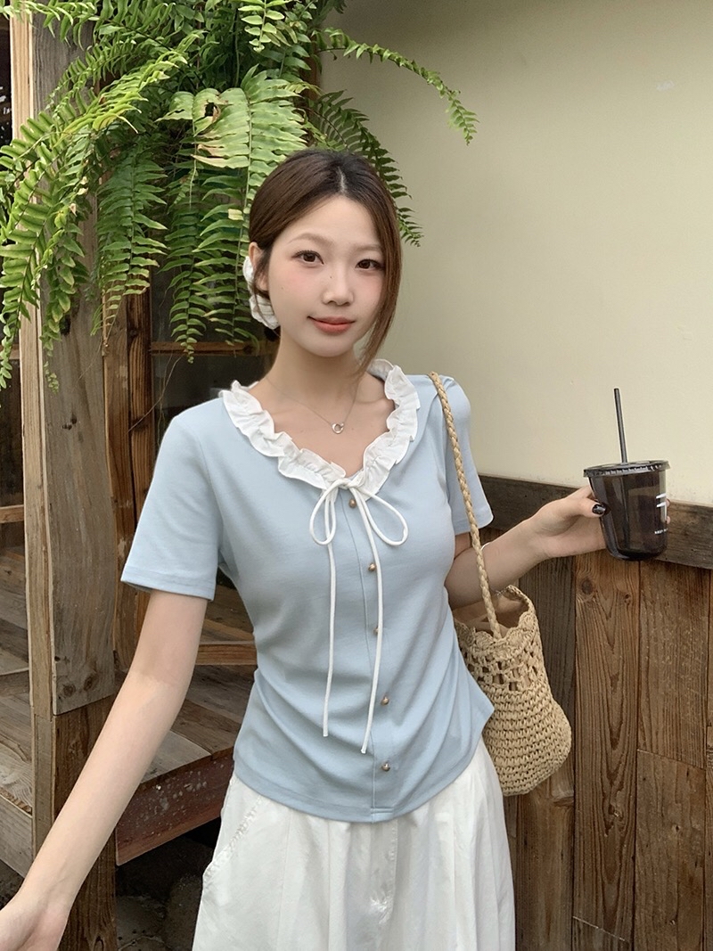 B270(36800) 韩系甜美风撞色云朵木耳边领系带3色上衣